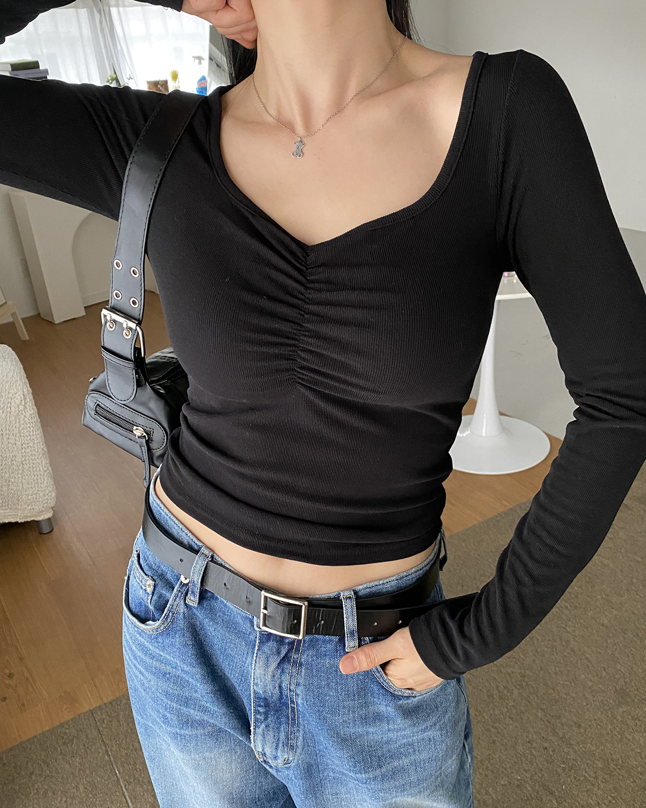 ハートネックベーシック長袖ギャザーTシャツ | 詳細画像5