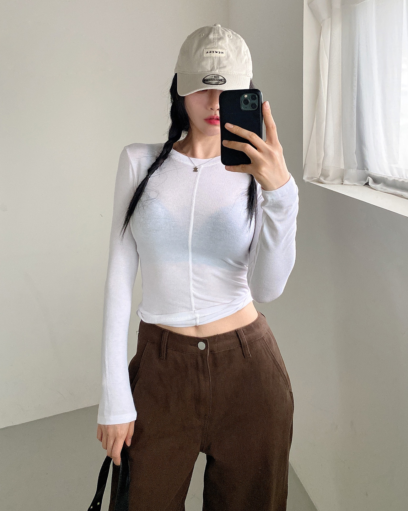 Vネックベーシックステッチスリム長袖Tシャツ | 詳細画像3