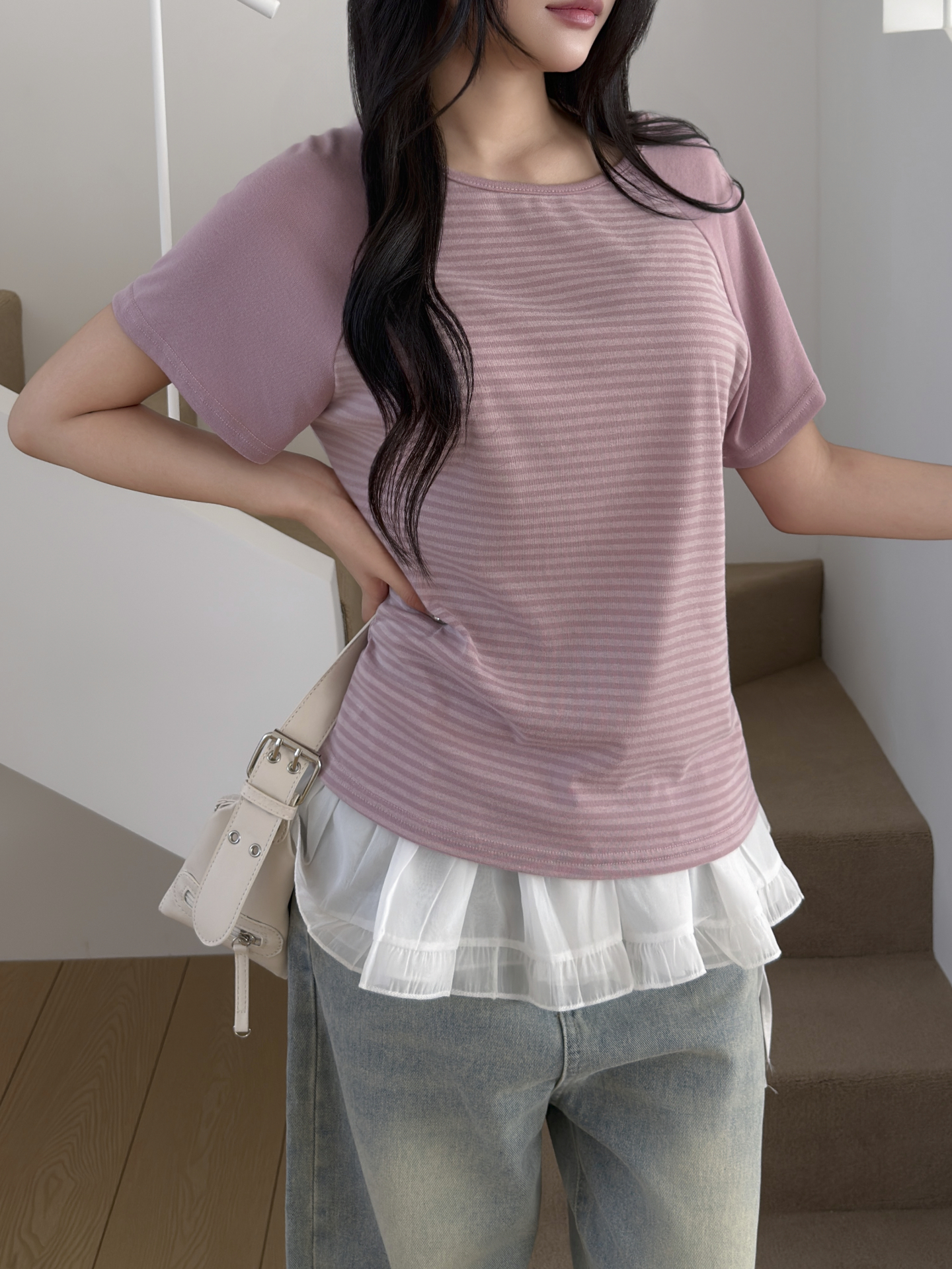 ラウンドネックベーシックラグラン半袖ボーダーTシャツ | 詳細画像2