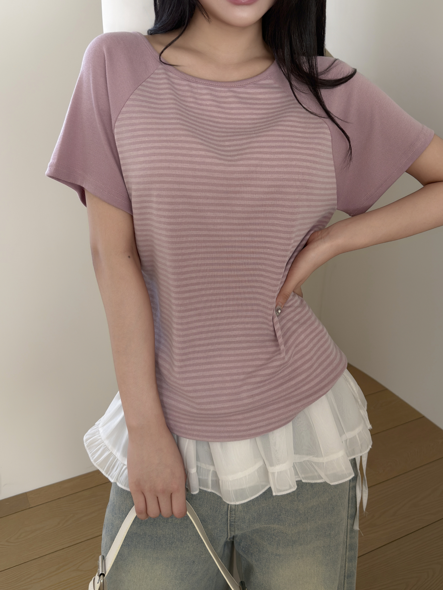 ラウンドネックベーシックラグラン半袖ボーダーTシャツ | 詳細画像3