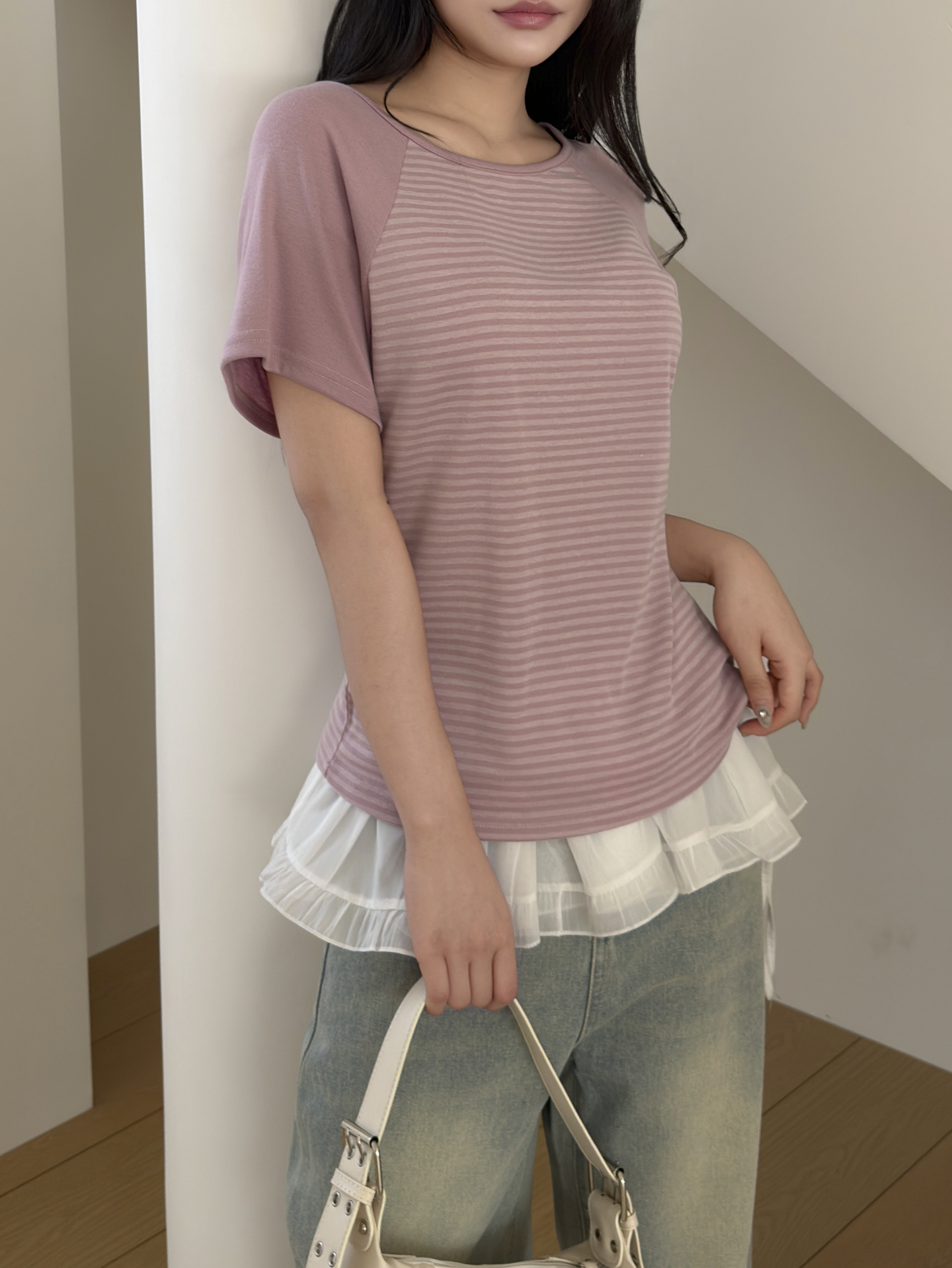 ラウンドネックベーシックラグラン半袖ボーダーTシャツ | 詳細画像4