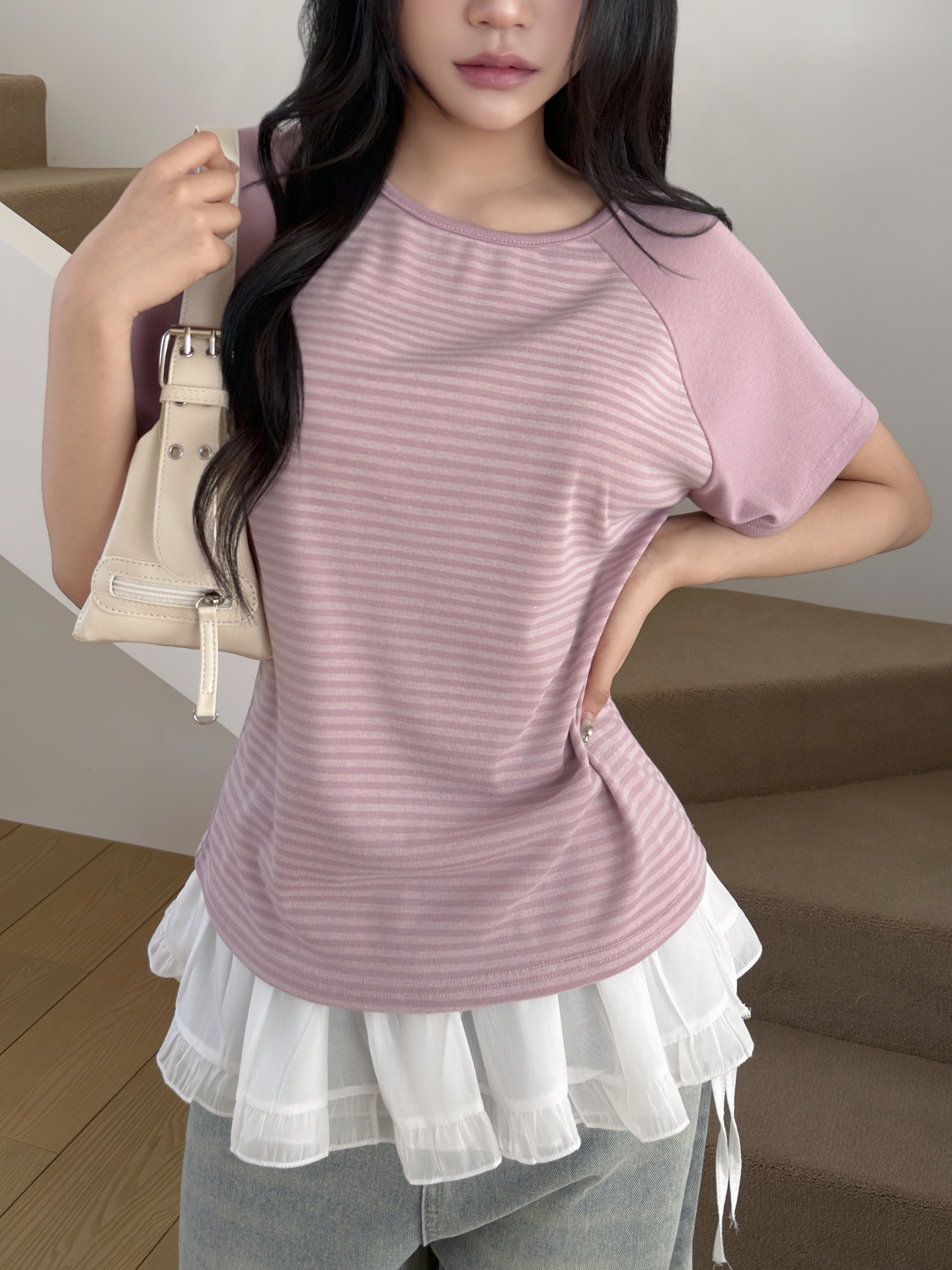 ラウンドネックベーシックラグラン半袖ボーダーTシャツ | 詳細画像11