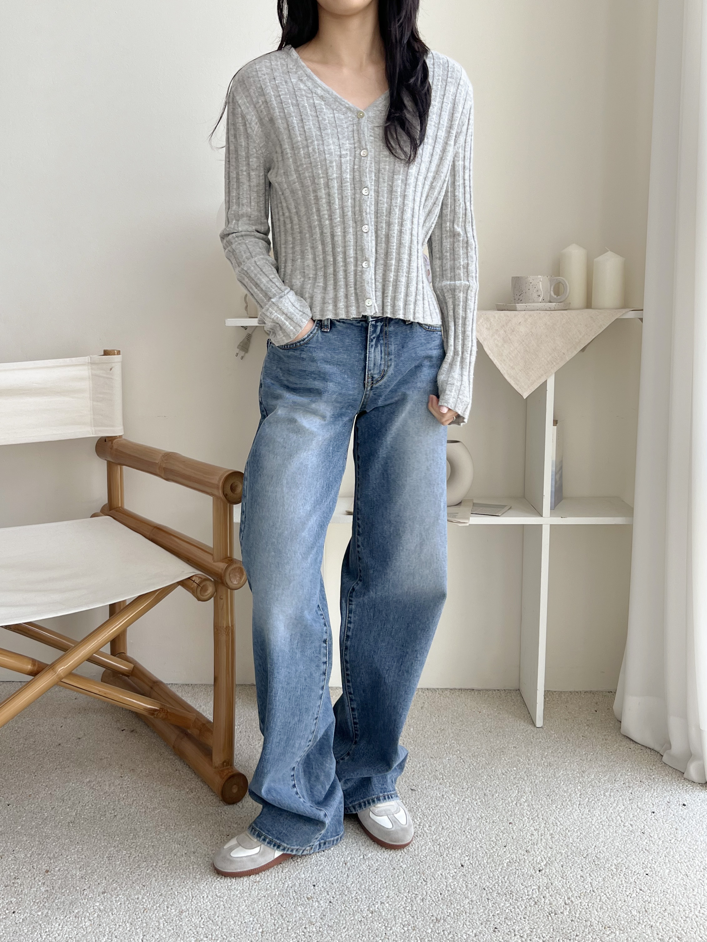 デニムコットンジップアップバックルウォッシングポケットローライズロングワイドループバックポケットライトブルーディープブルーデニムパンツ | 詳細画像2