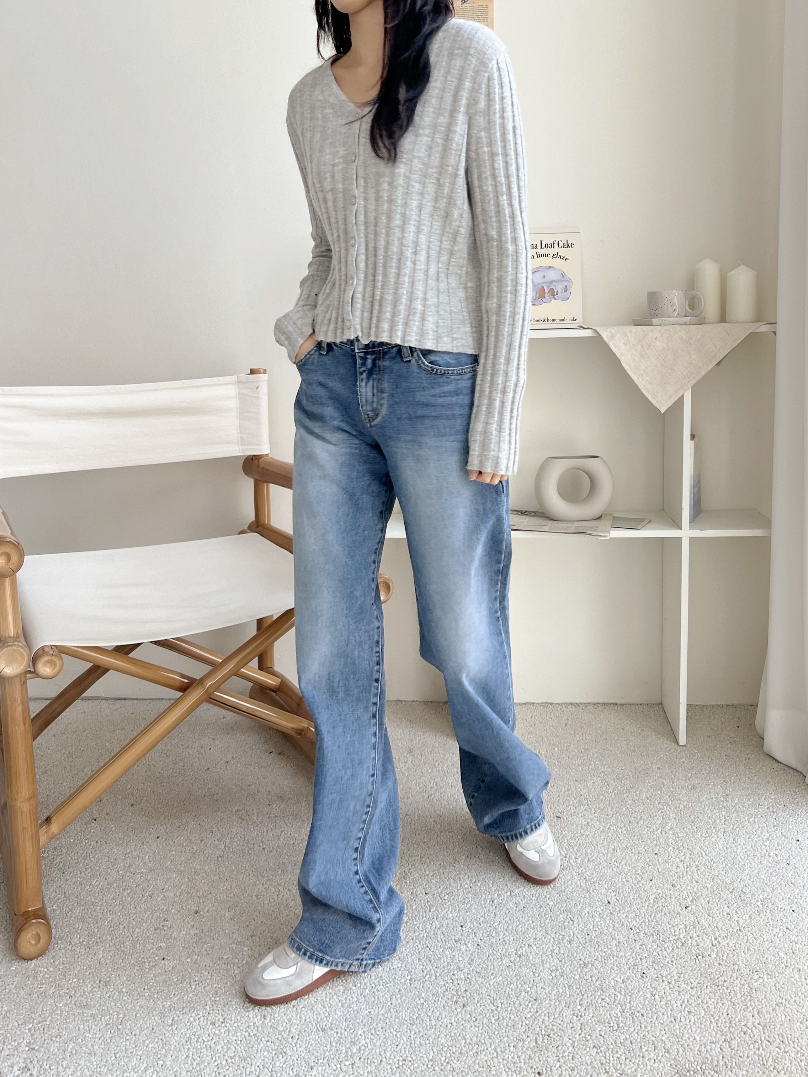 デニムコットンジップアップバックルウォッシングポケットローライズロングワイドループバックポケットライトブルーディープブルーデニムパンツ | 詳細画像3