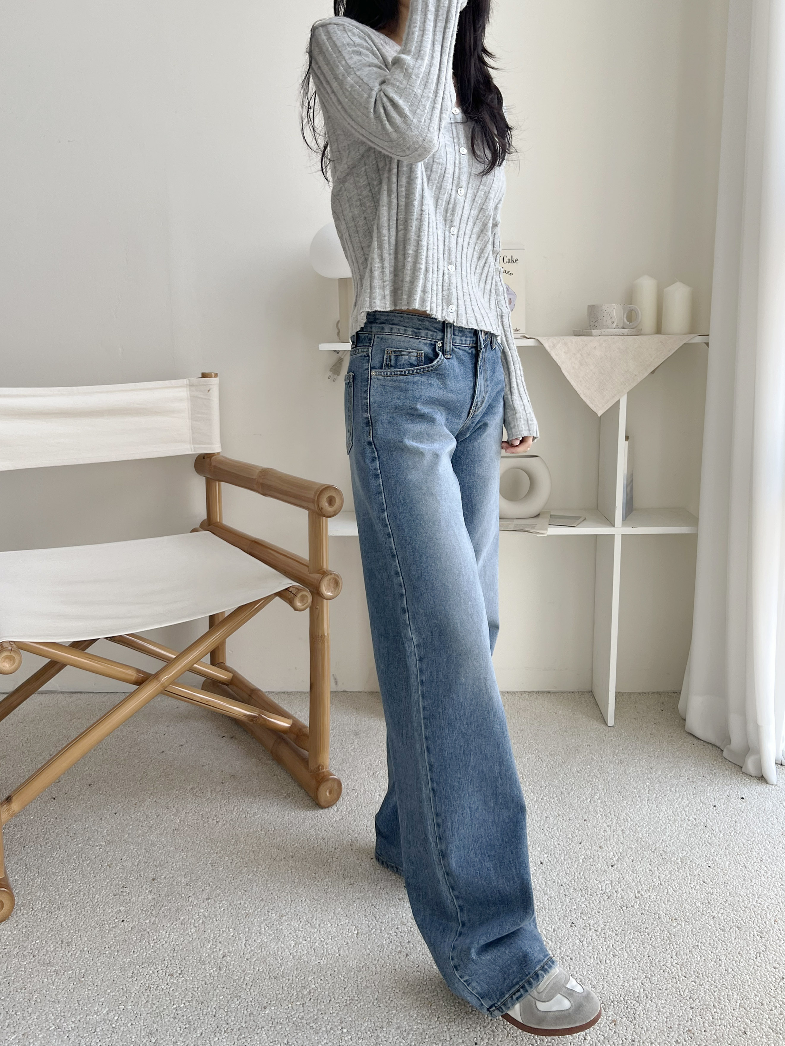 デニムコットンジップアップバックルウォッシングポケットローライズロングワイドループバックポケットライトブルーディープブルーデニムパンツ | 詳細画像4