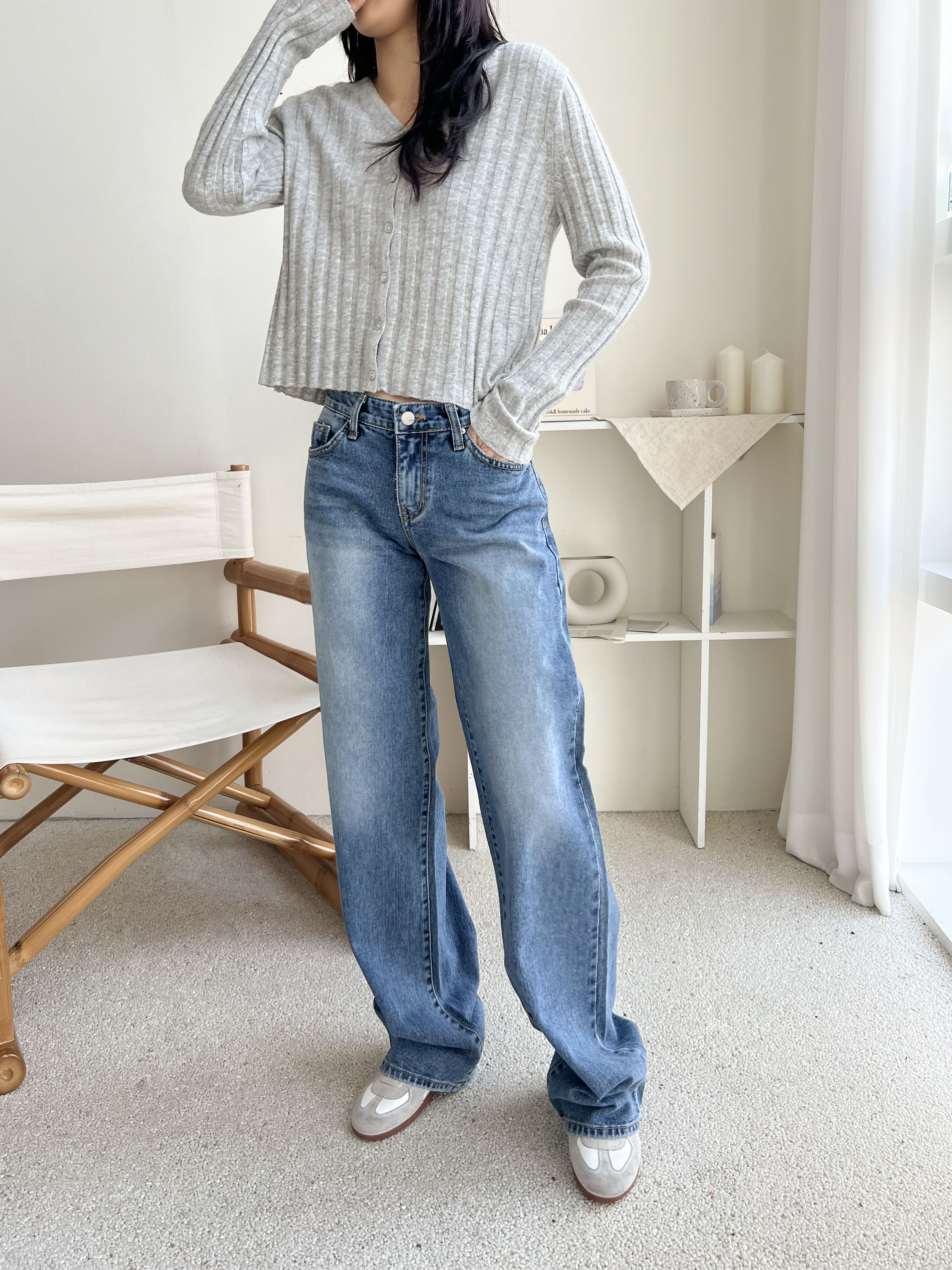 デニムコットンジップアップバックルウォッシングポケットローライズロングワイドループバックポケットライトブルーディープブルーデニムパンツ | 詳細画像5