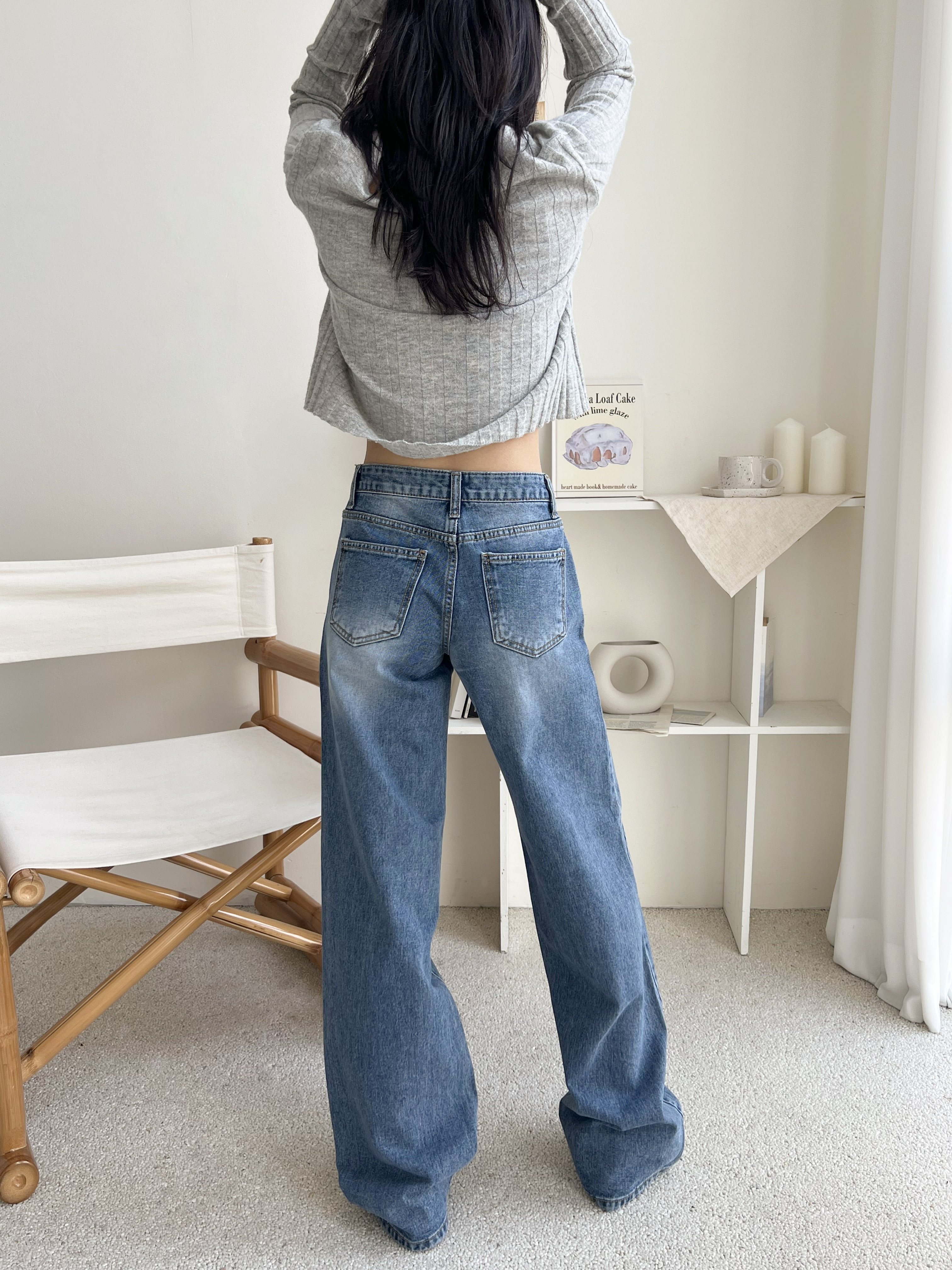 デニムコットンジップアップバックルウォッシングポケットローライズロングワイドループバックポケットライトブルーディープブルーデニムパンツ | 詳細画像6