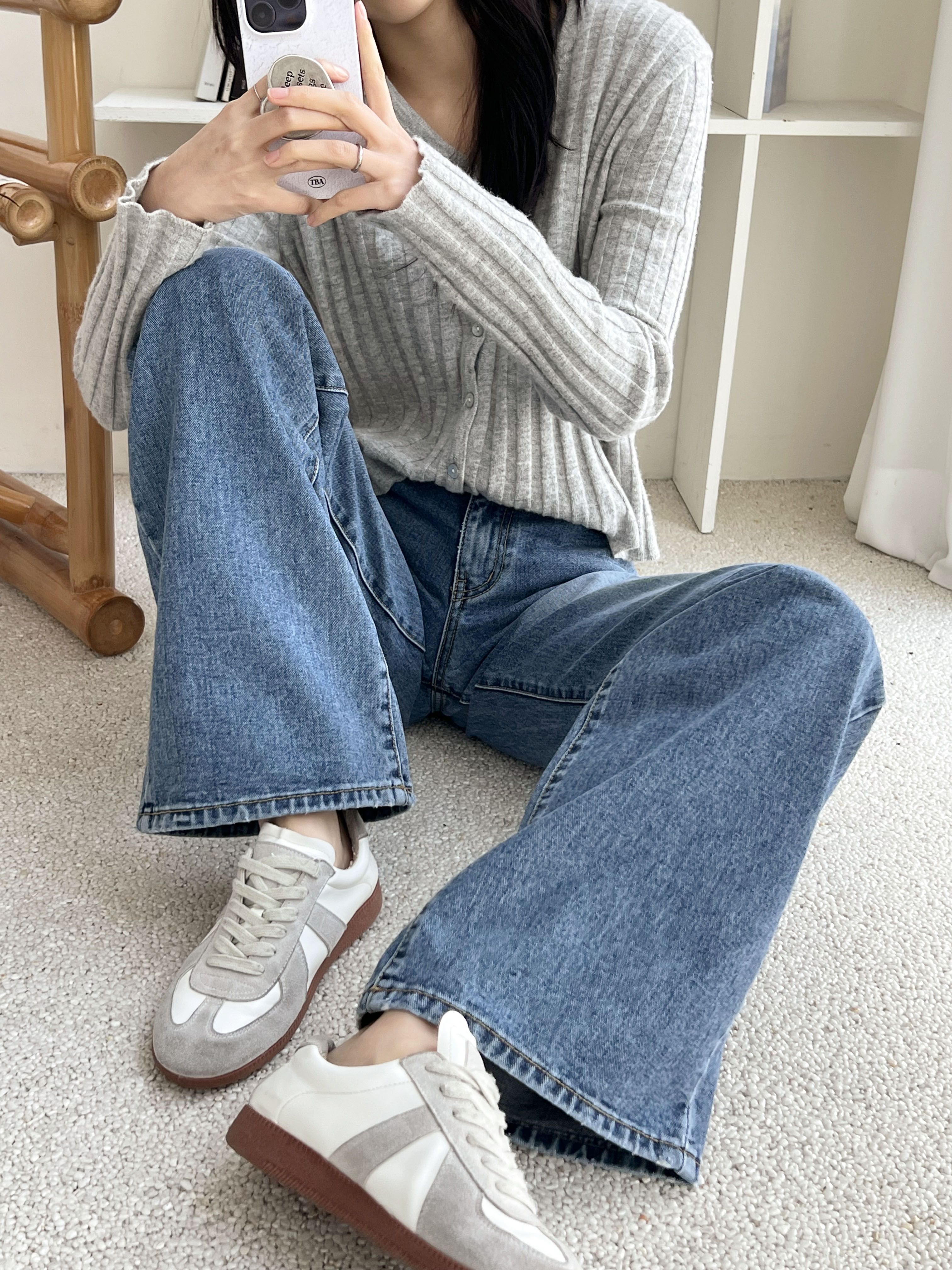 デニムコットンジップアップバックルウォッシングポケットローライズロングワイドループバックポケットライトブルーディープブルーデニムパンツ | 詳細画像7