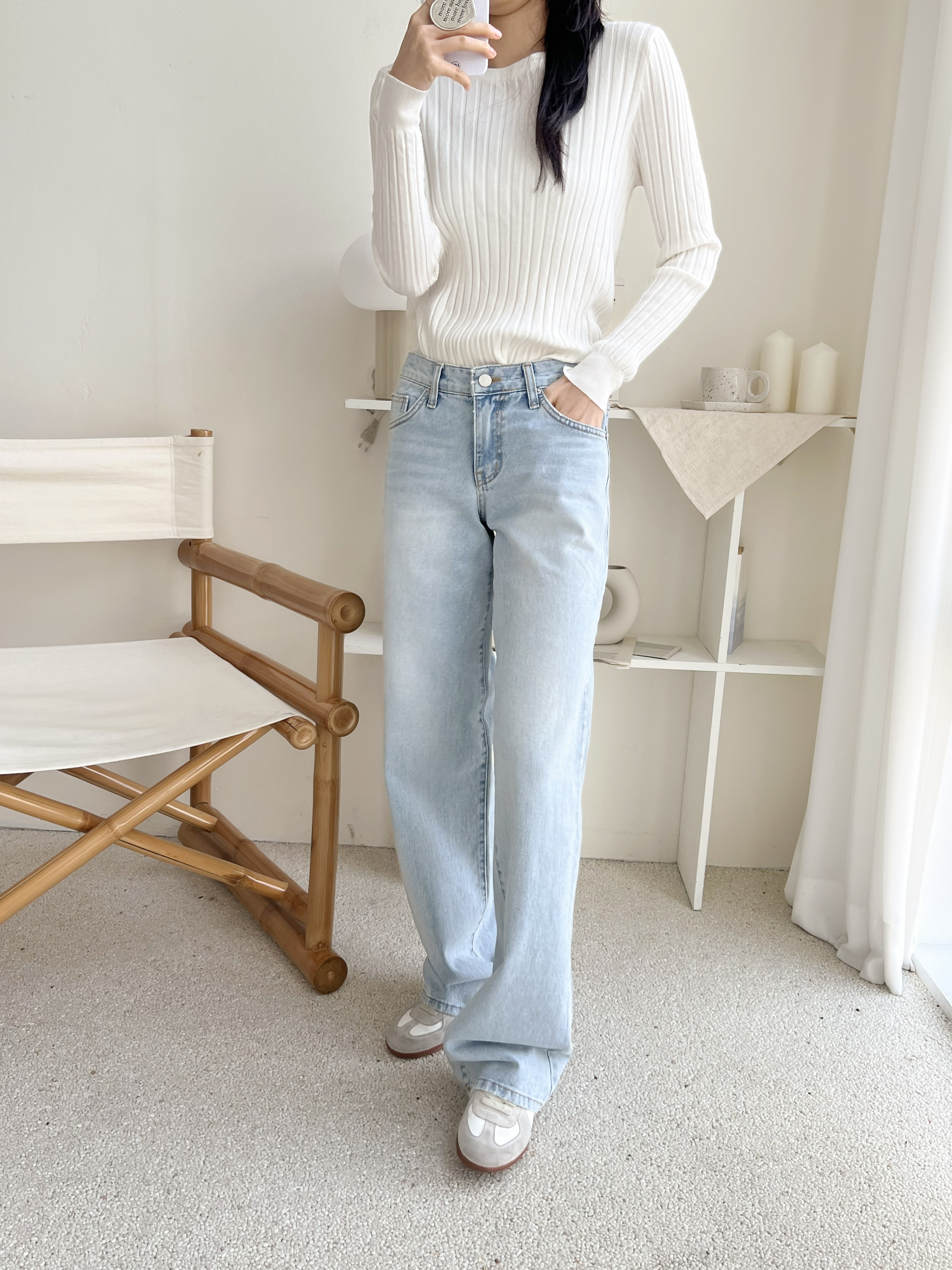 デニムコットンジップアップバックルウォッシングポケットローライズロングワイドループバックポケットライトブルーディープブルーデニムパンツ | 詳細画像8