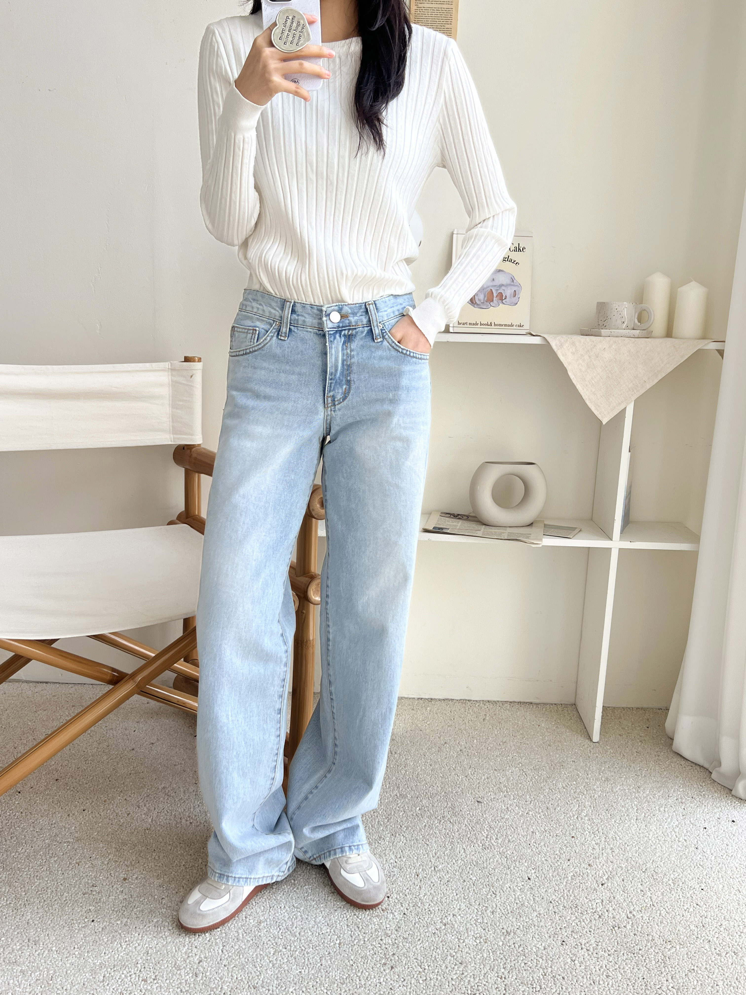 デニムコットンジップアップバックルウォッシングポケットローライズロングワイドループバックポケットライトブルーディープブルーデニムパンツ | 詳細画像9