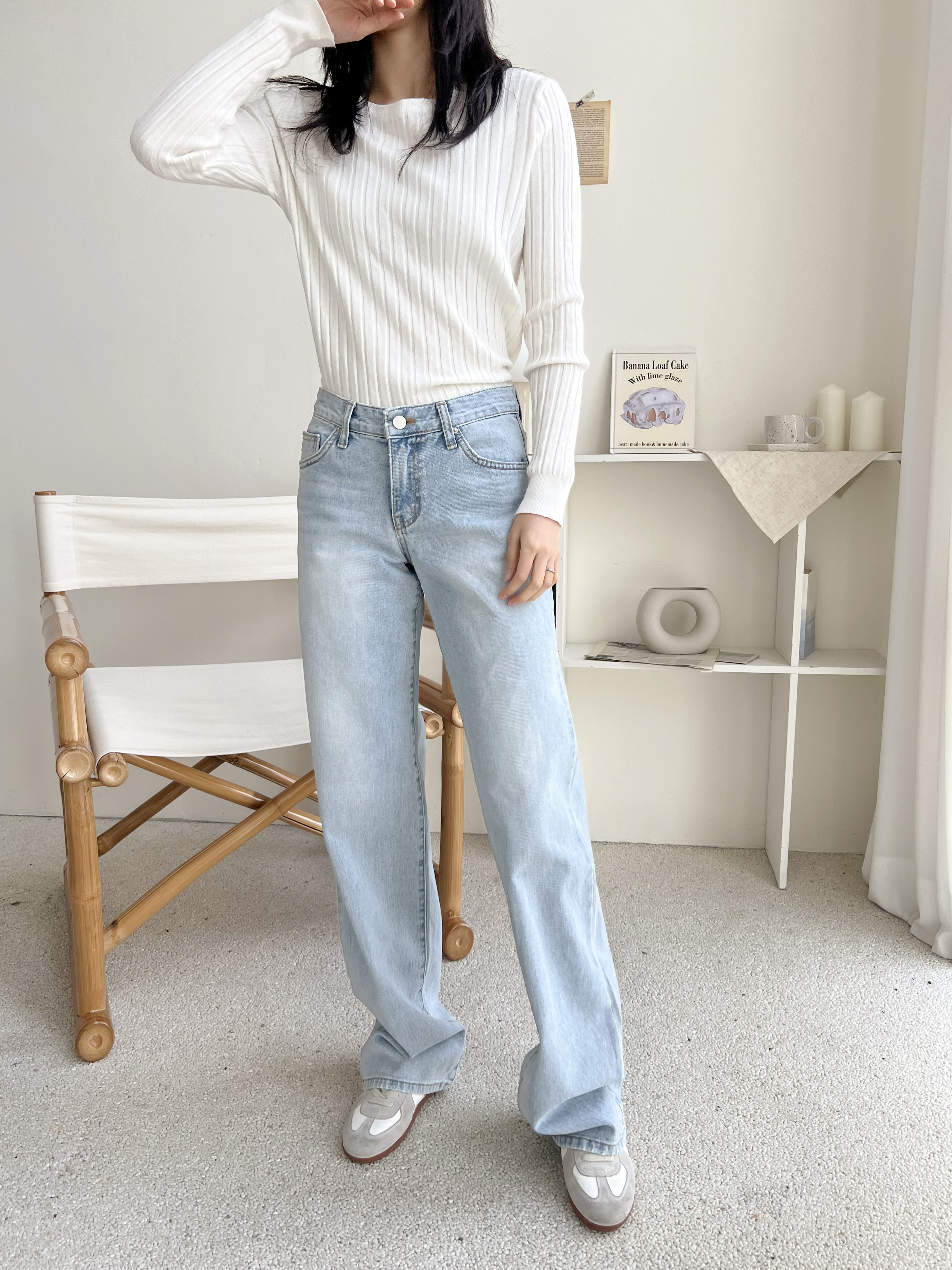 デニムコットンジップアップバックルウォッシングポケットローライズロングワイドループバックポケットライトブルーディープブルーデニムパンツ | 詳細画像10