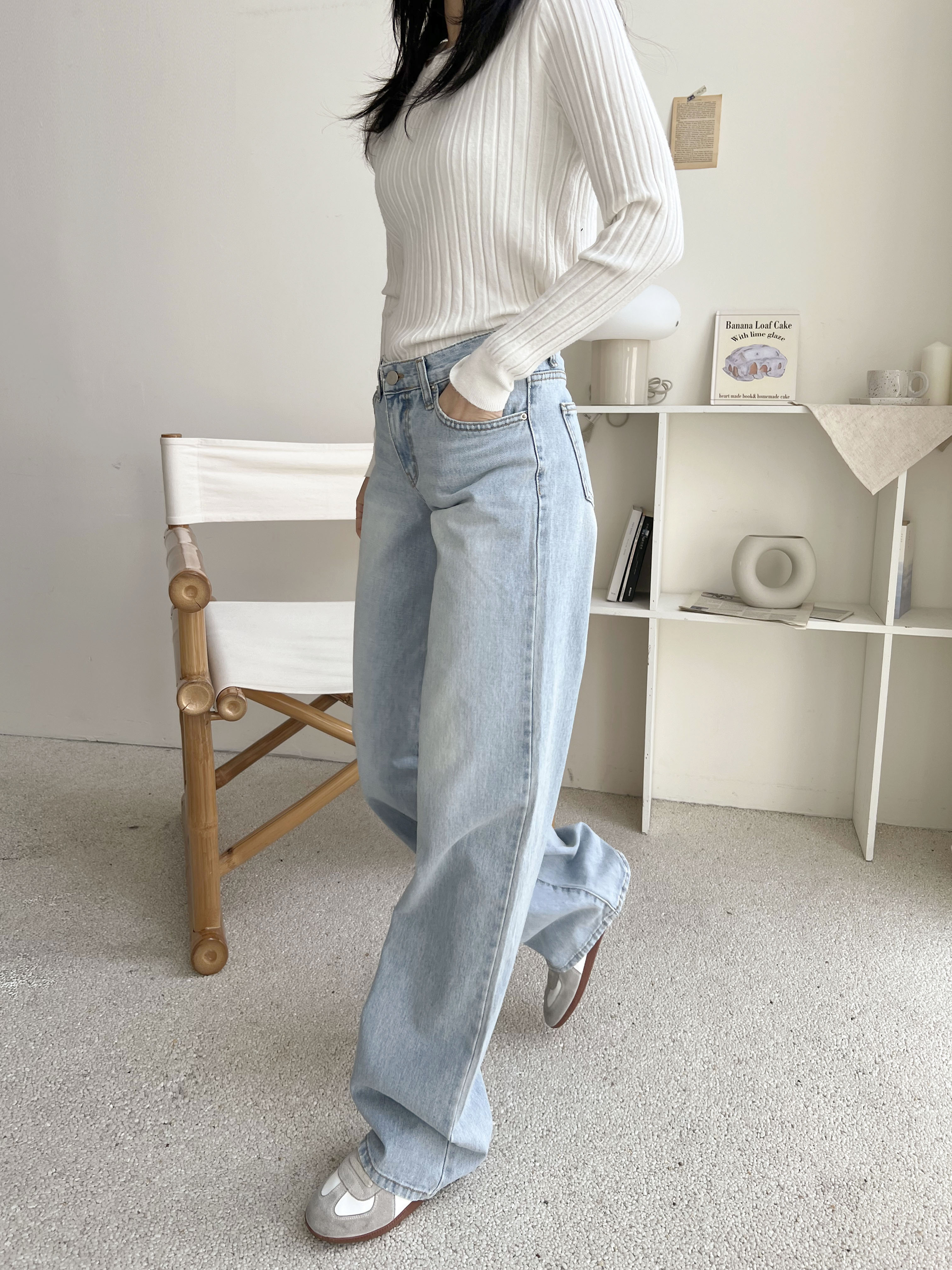 デニムコットンジップアップバックルウォッシングポケットローライズロングワイドループバックポケットライトブルーディープブルーデニムパンツ | 詳細画像11