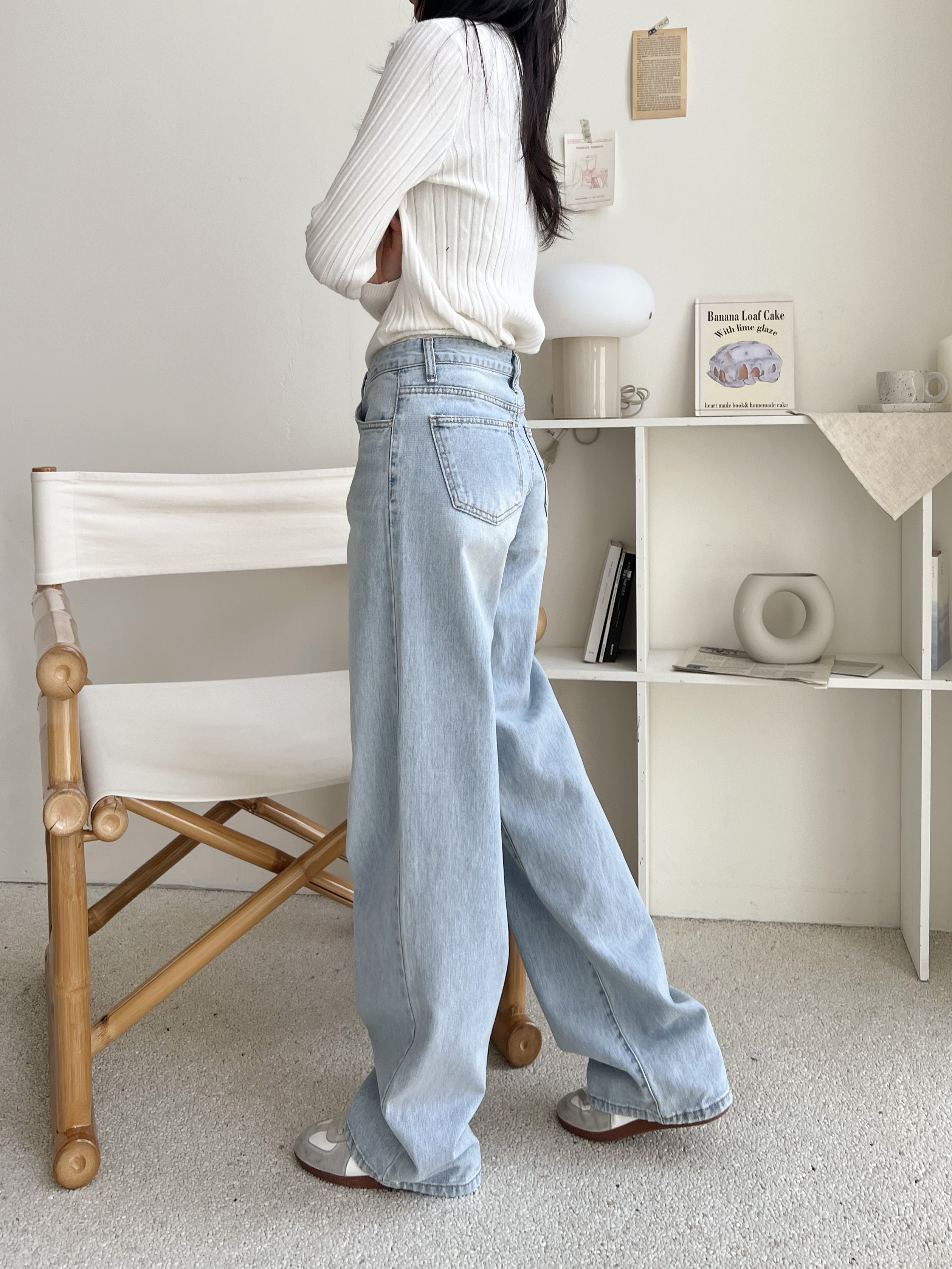 デニムコットンジップアップバックルウォッシングポケットローライズロングワイドループバックポケットライトブルーディープブルーデニムパンツ | 詳細画像12