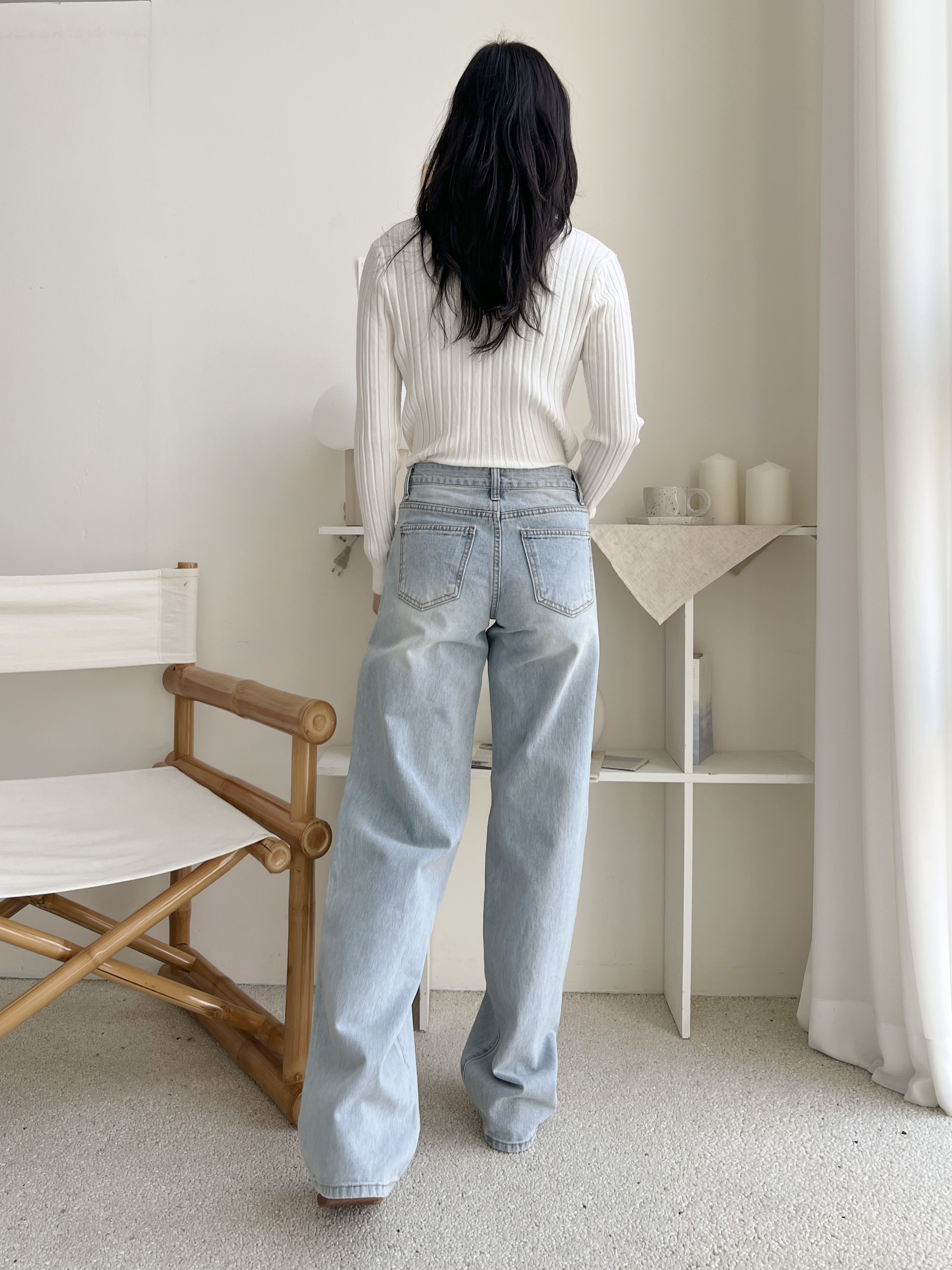 デニムコットンジップアップバックルウォッシングポケットローライズロングワイドループバックポケットライトブルーディープブルーデニムパンツ | 詳細画像13