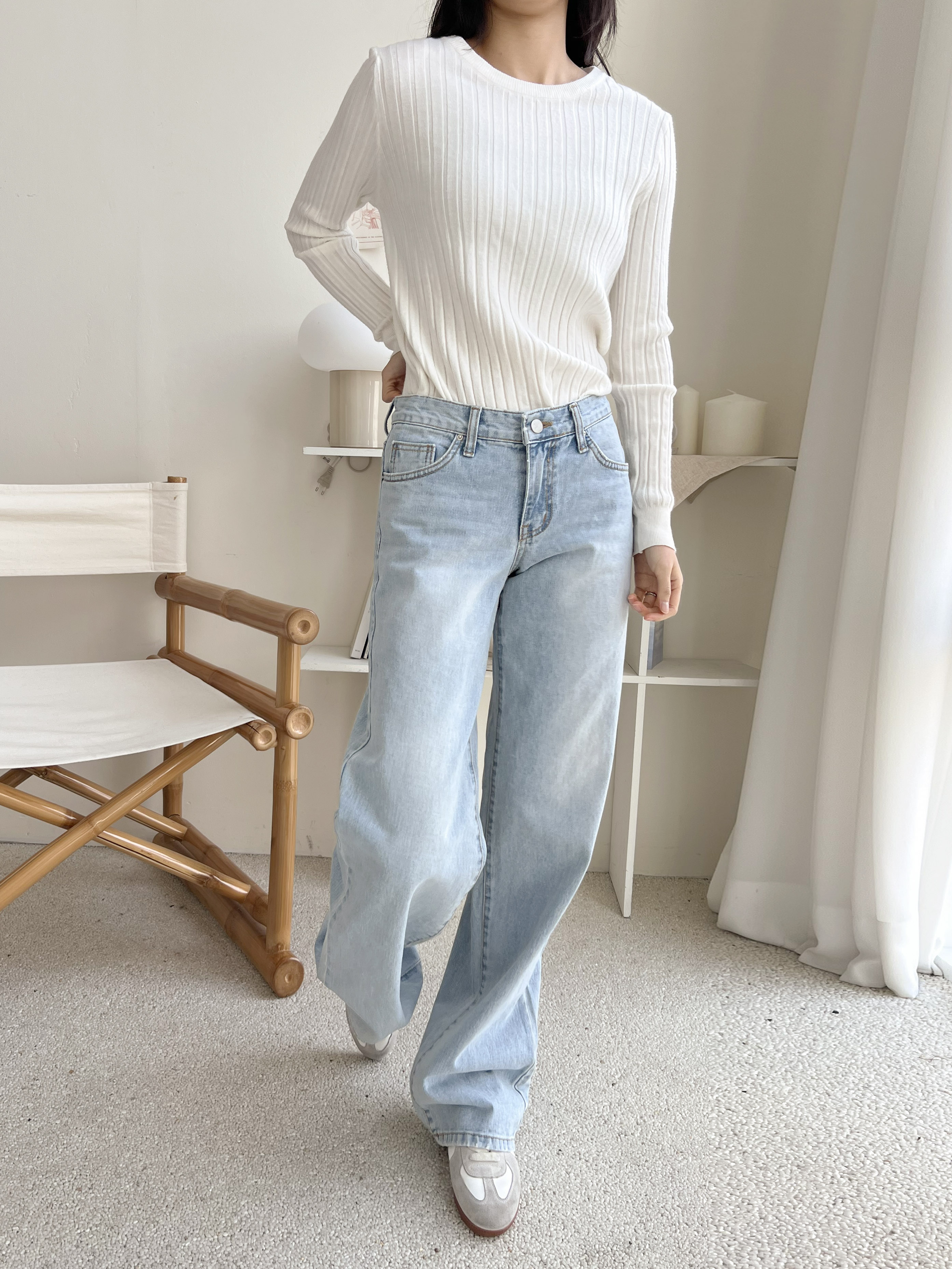 デニムコットンジップアップバックルウォッシングポケットローライズロングワイドループバックポケットライトブルーディープブルーデニムパンツ | 詳細画像14