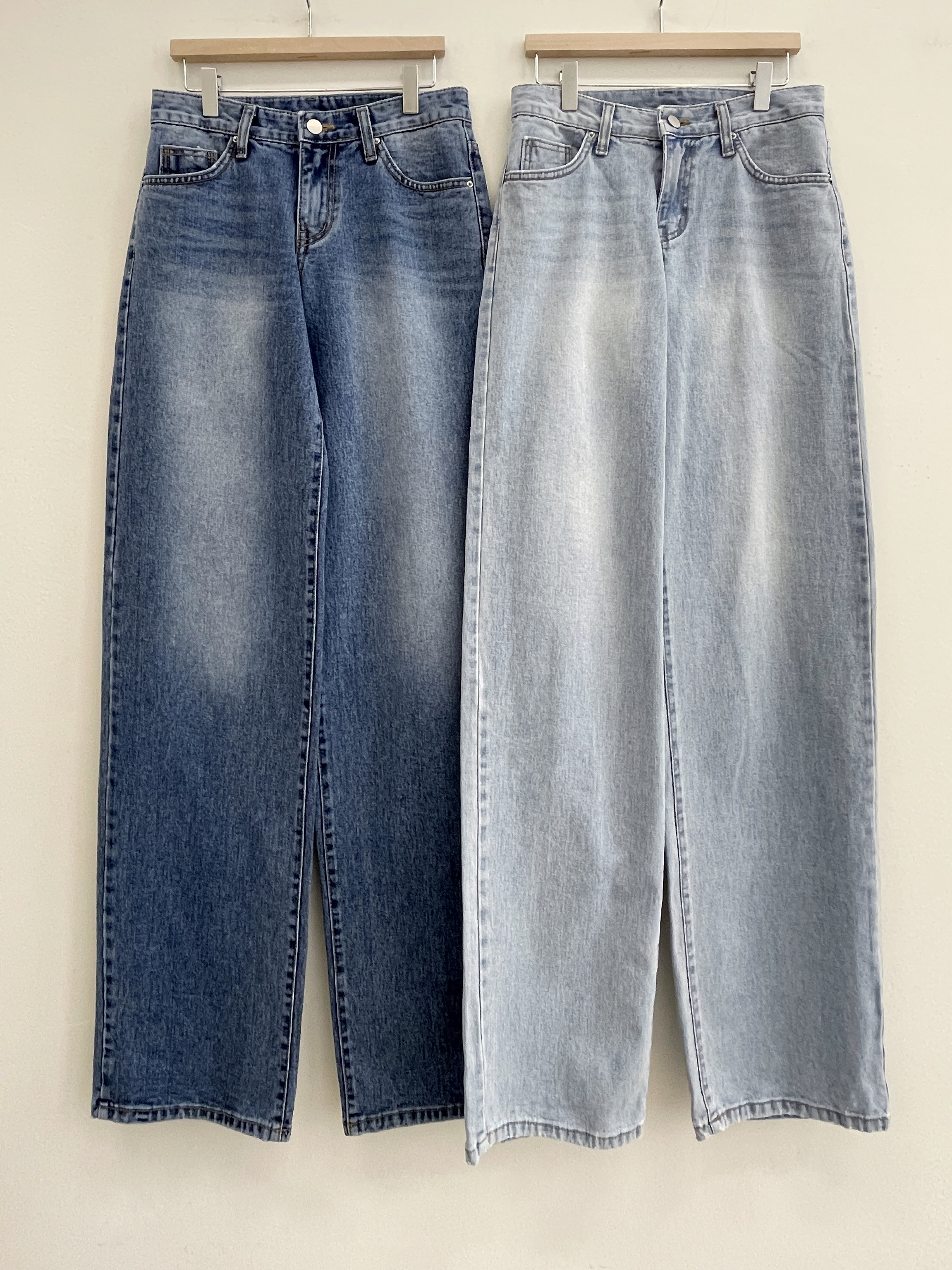 デニムコットンジップアップバックルウォッシングポケットローライズロングワイドループバックポケットライトブルーディープブルーデニムパンツ | 詳細画像15