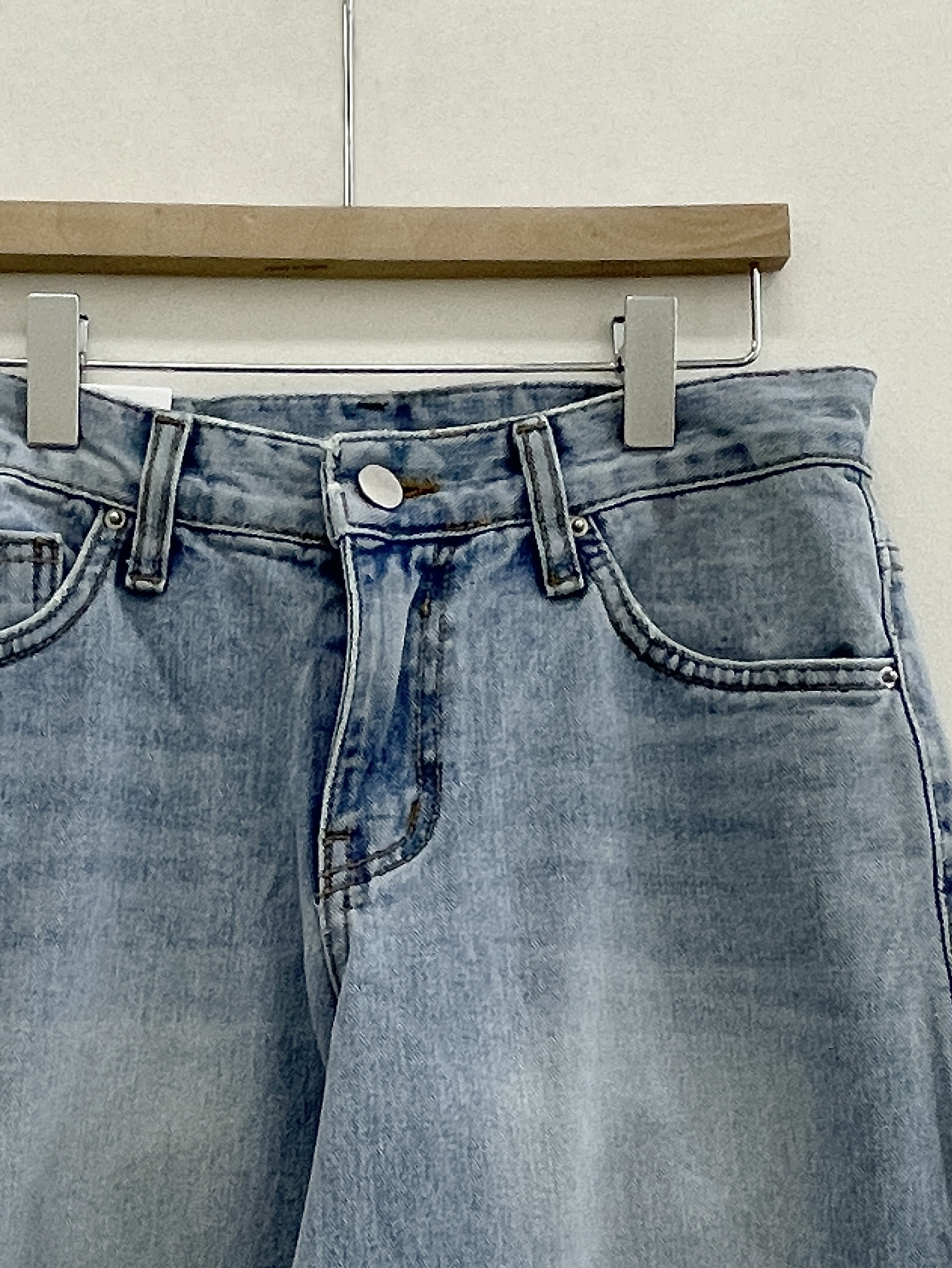 デニムコットンジップアップバックルウォッシングポケットローライズロングワイドループバックポケットライトブルーディープブルーデニムパンツ | 詳細画像17