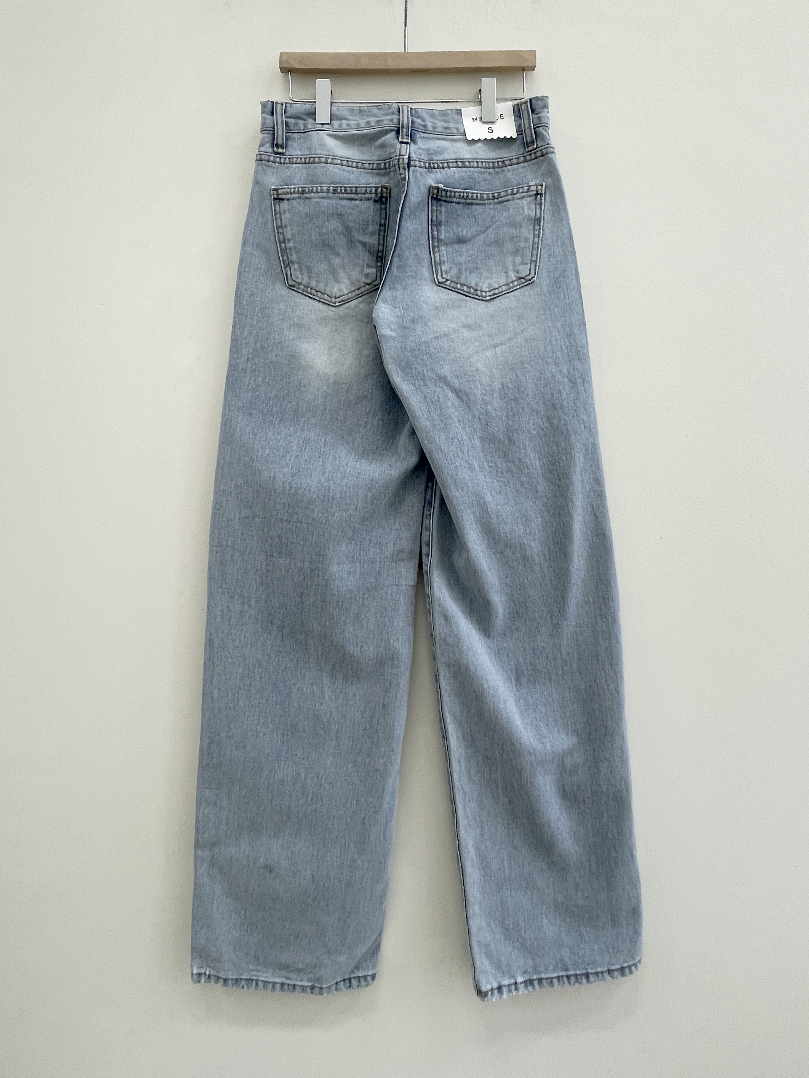 デニムコットンジップアップバックルウォッシングポケットローライズロングワイドループバックポケットライトブルーディープブルーデニムパンツ | 詳細画像19