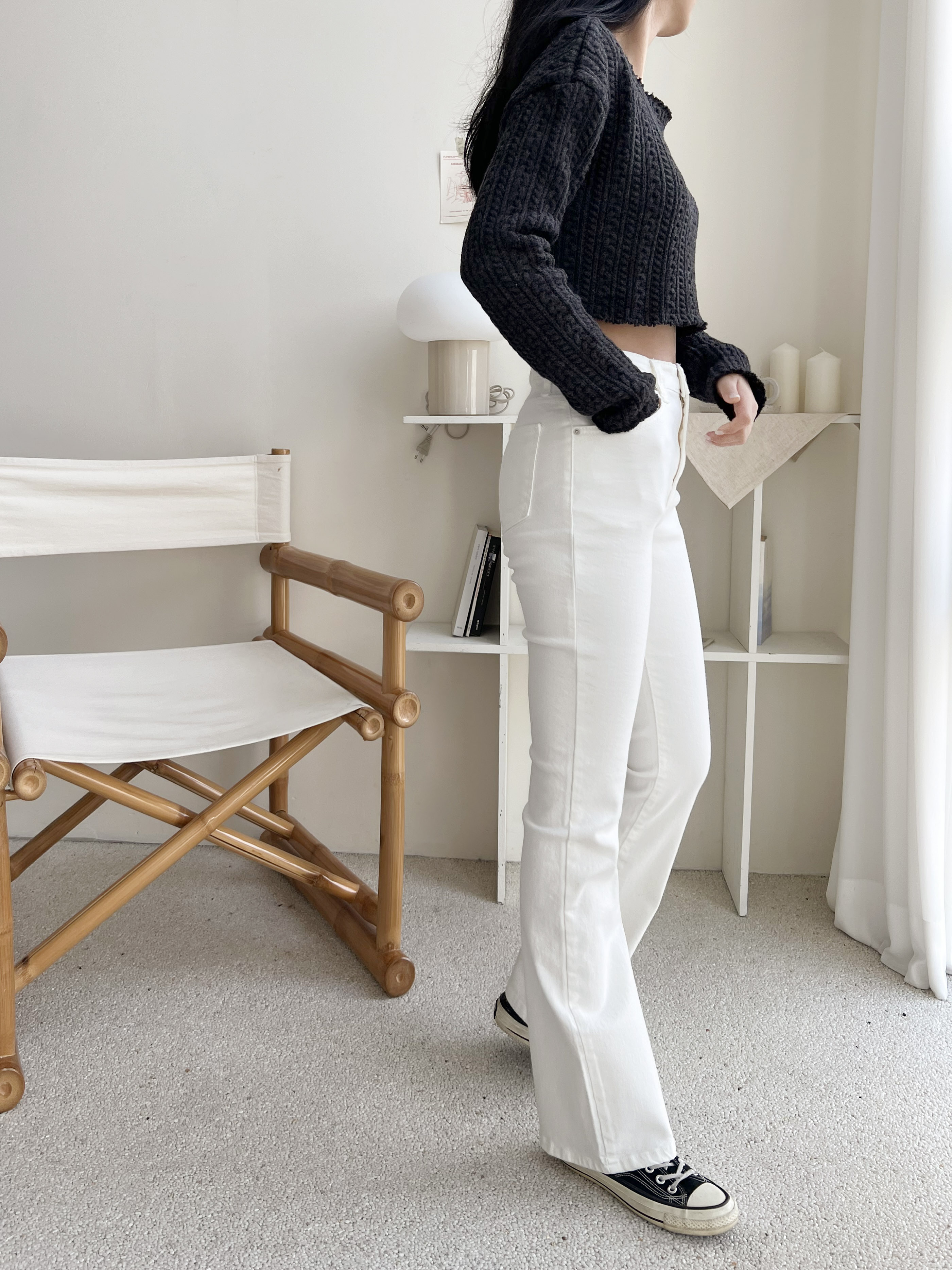 ジップアップバックルポケットスリムループバックポケットブーツカット無地パンツ | 詳細画像4