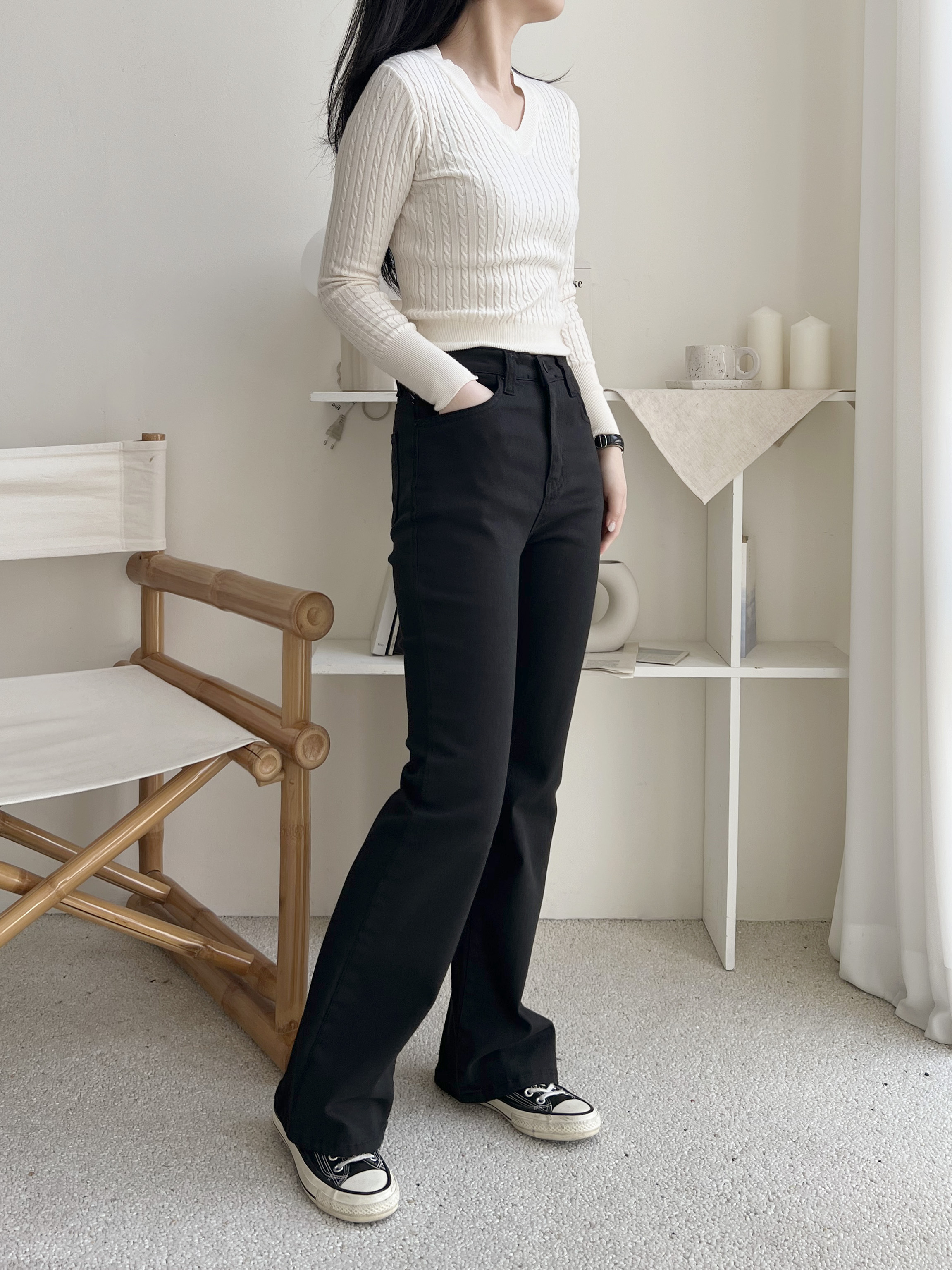 ジップアップバックルポケットスリムループバックポケットブーツカット無地パンツ | 詳細画像11