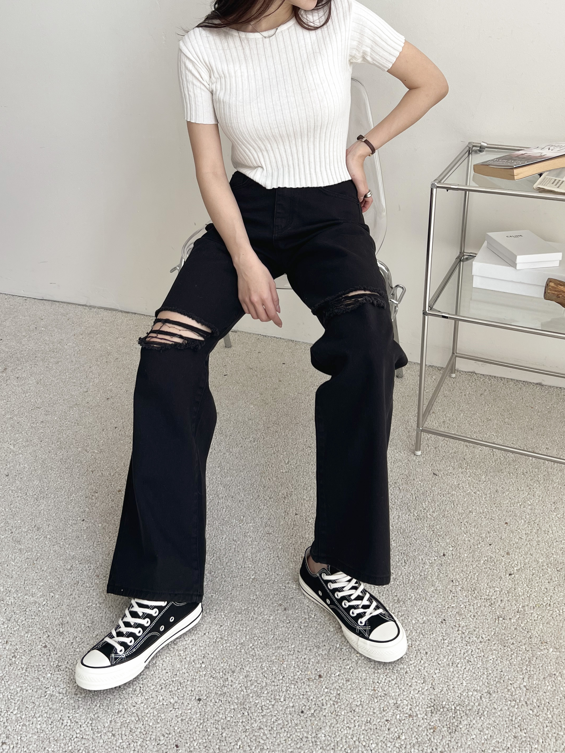 コットンジップアップスリットポケットワイドループ無地パンツ | 詳細画像6