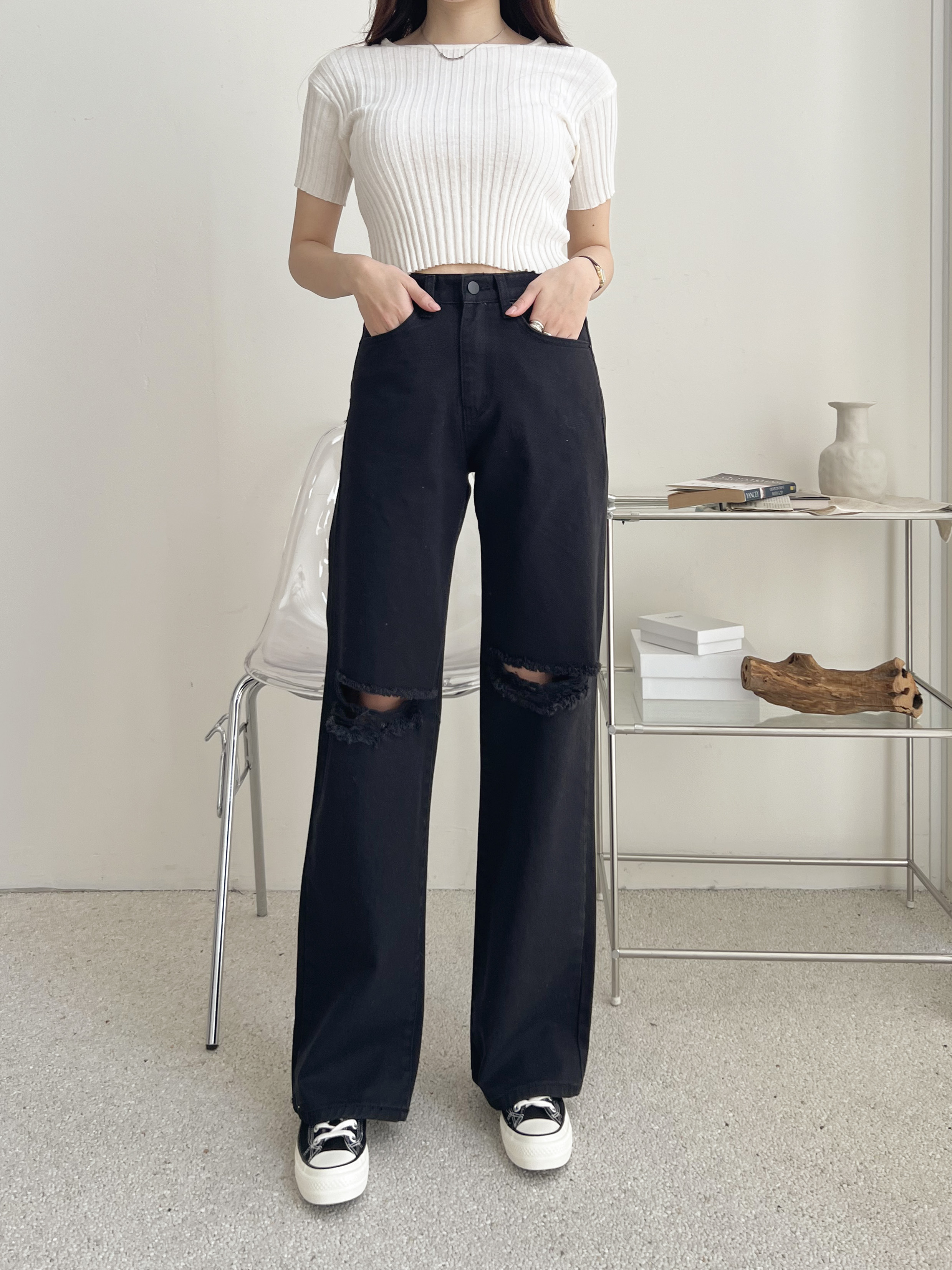 コットンジップアップスリットポケットワイドループ無地パンツ | 詳細画像8