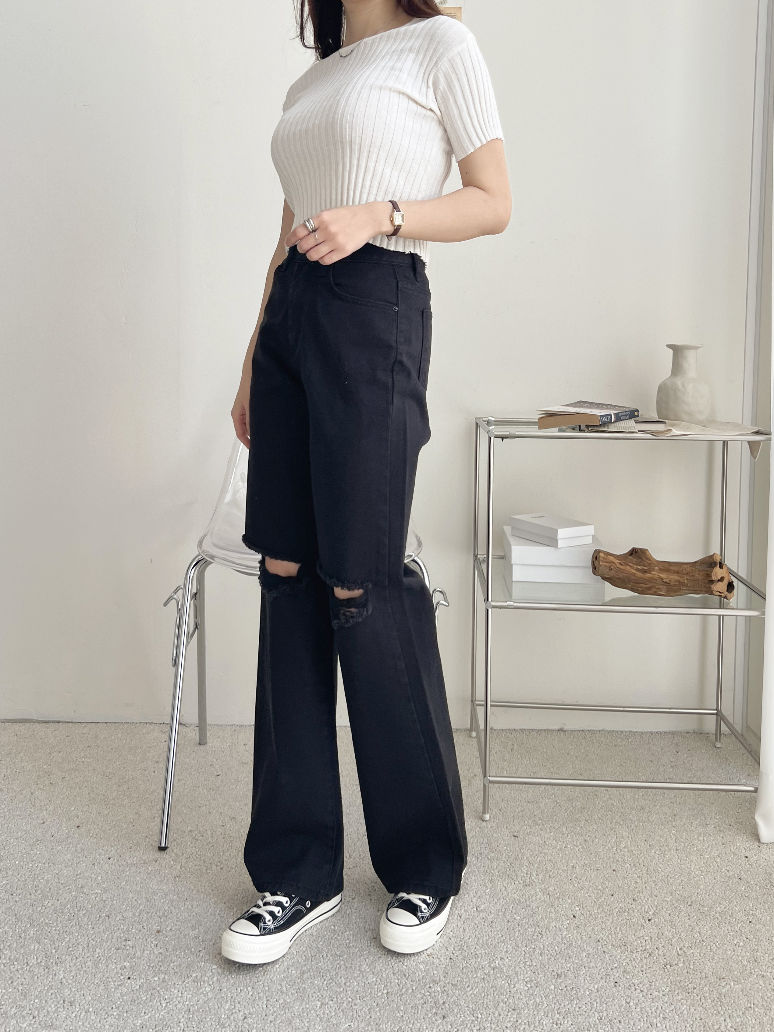 コットンジップアップスリットポケットワイドループ無地パンツ | 詳細画像9