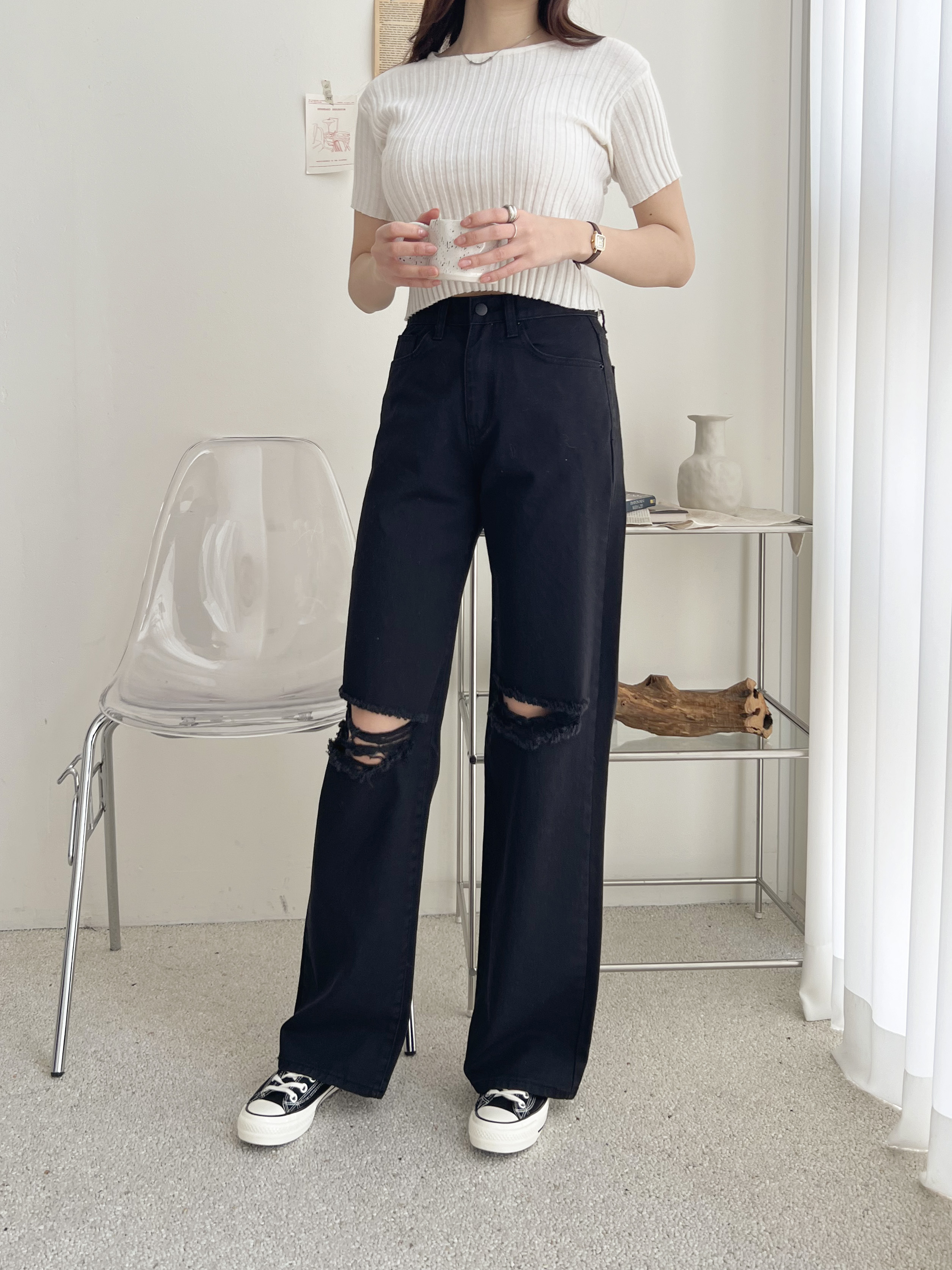 コットンジップアップスリットポケットワイドループ無地パンツ | 詳細画像10