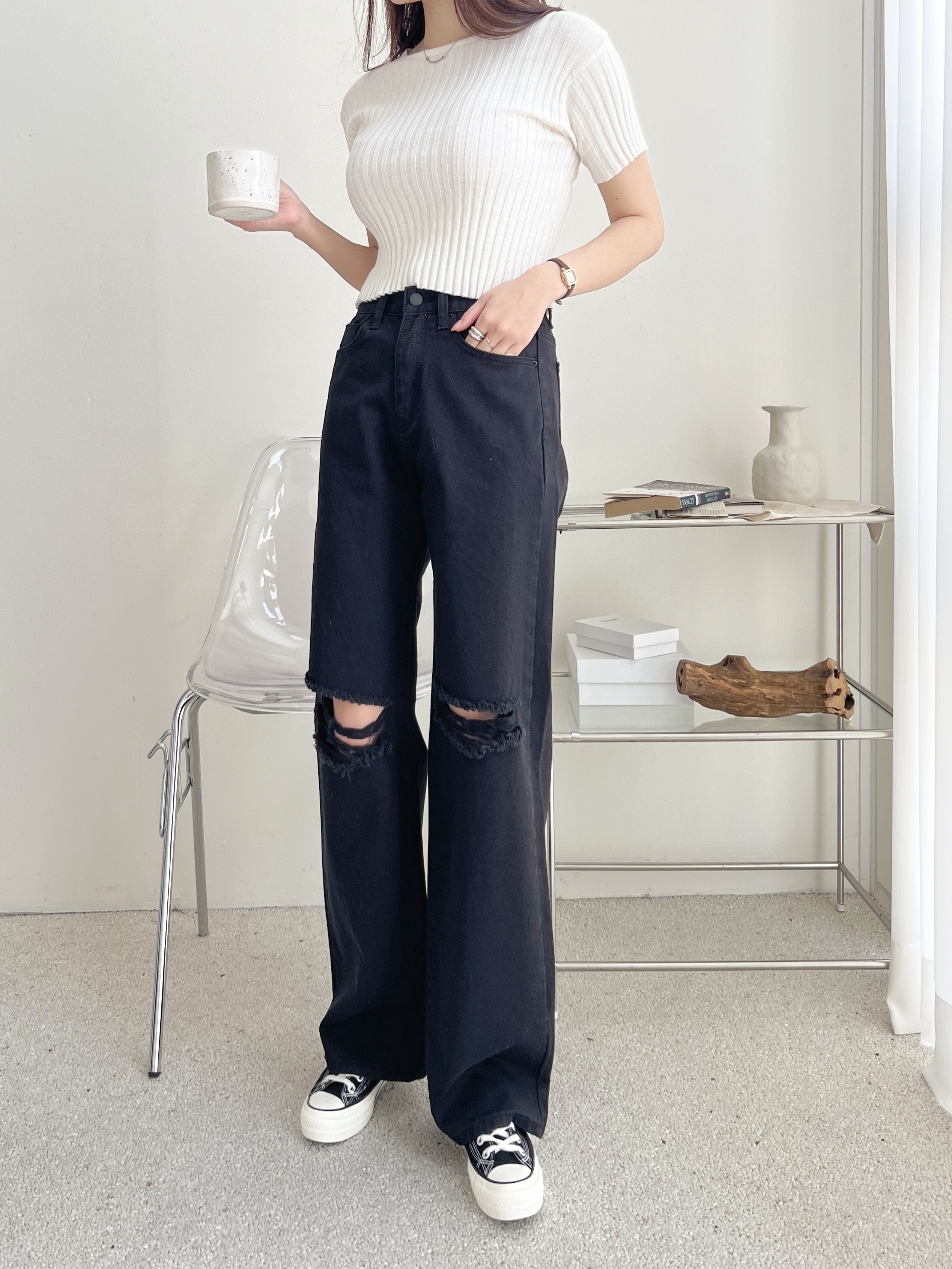 コットンジップアップスリットポケットワイドループ無地パンツ | 詳細画像11