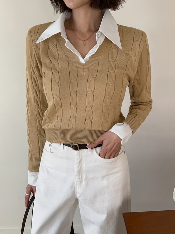 コンビカラークロップドレイヤード風長袖ケーブルニット | 詳細画像2