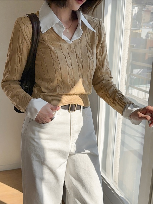 コンビカラークロップドレイヤード風長袖ケーブルニット | 詳細画像8