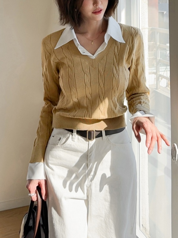 コンビカラークロップドレイヤード風長袖ケーブルニット | 詳細画像7