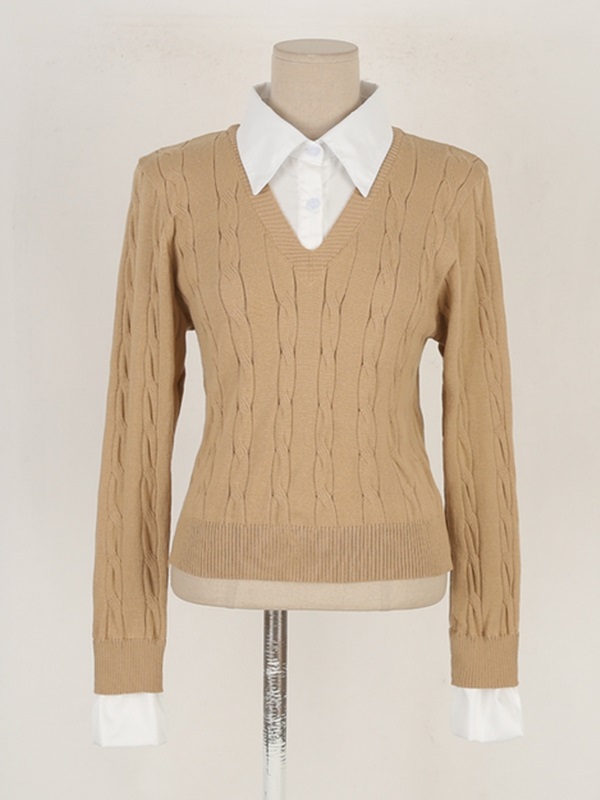 コンビカラークロップドレイヤード風長袖ケーブルニット | 詳細画像9