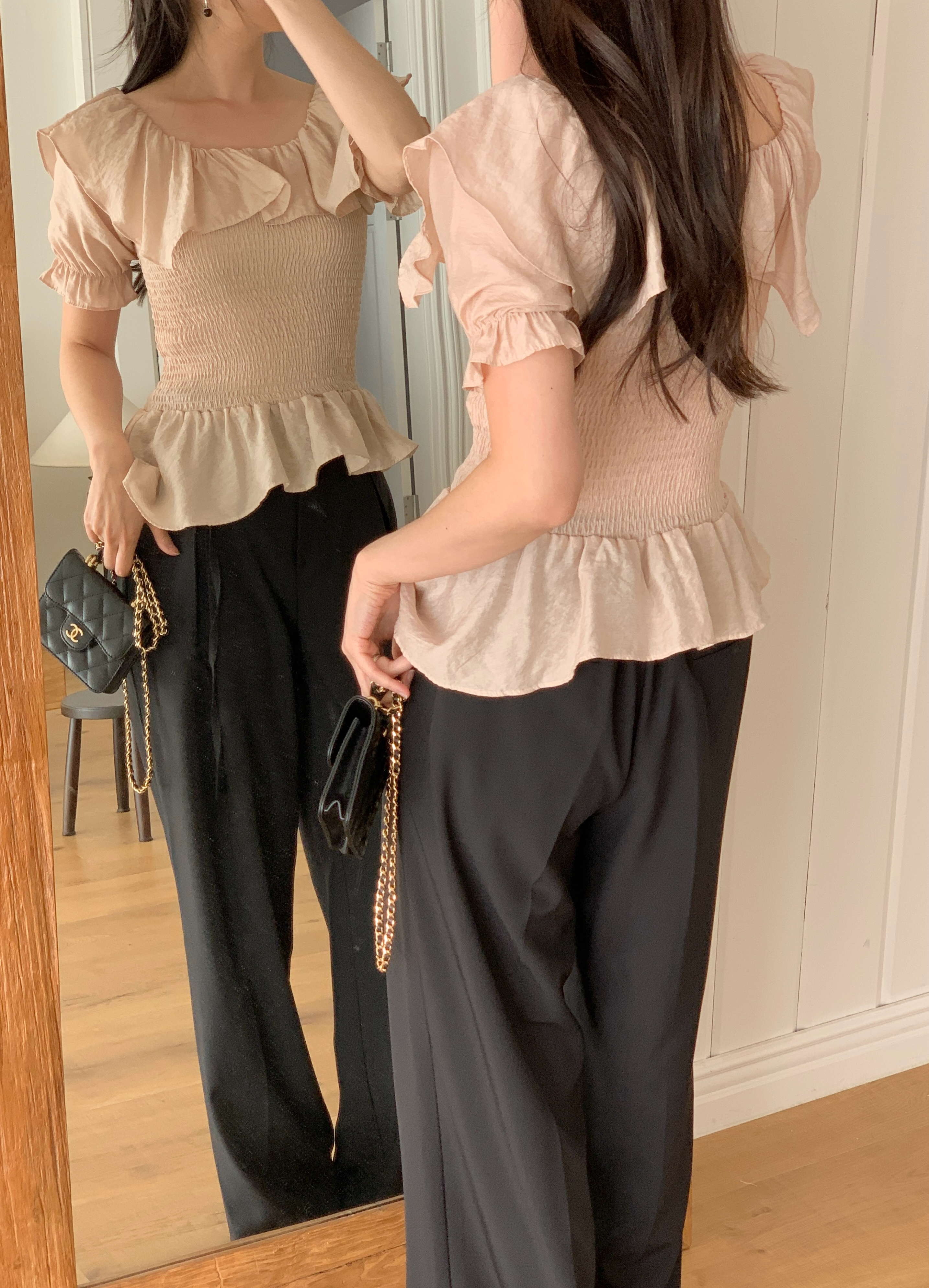 オフショルダーシャーリングパフスリーブスリムアンバランス半袖ブラウス | 詳細画像11