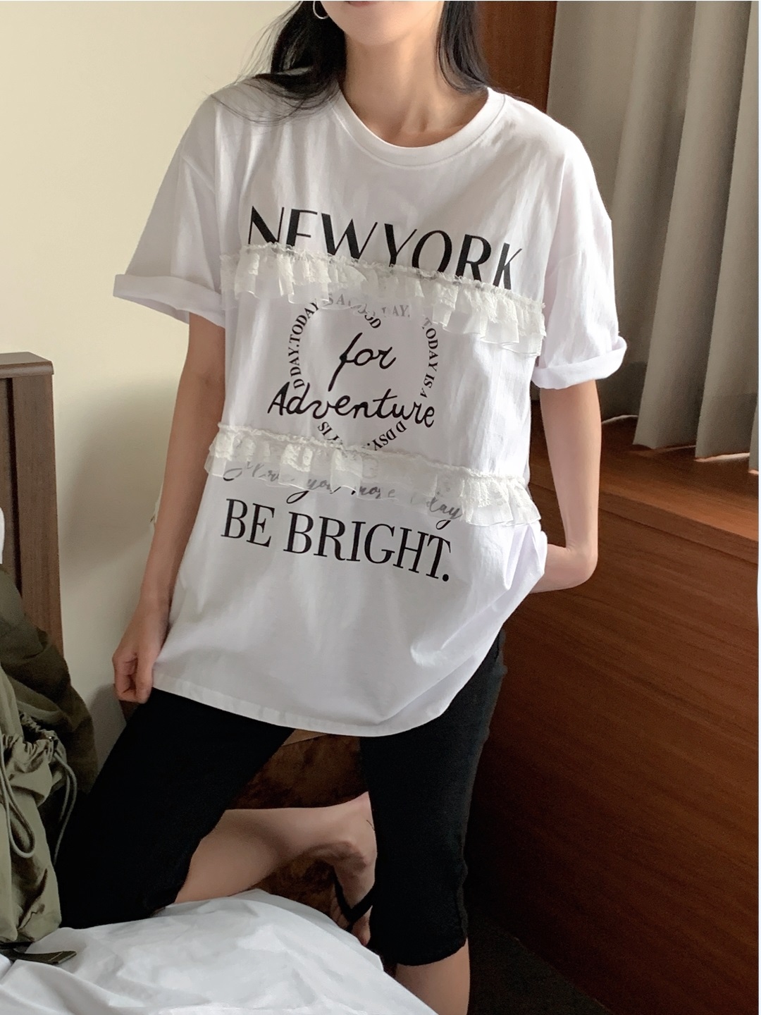 ラウンドネックオーバーサイズルーズ半袖ハーフレタリングレースTシャツ | 詳細画像2