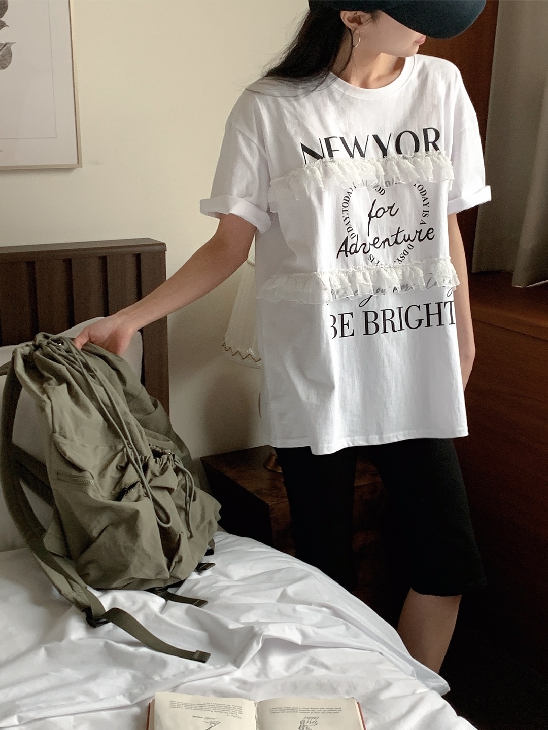 ラウンドネックオーバーサイズルーズ半袖ハーフレタリングレースTシャツ | 詳細画像3