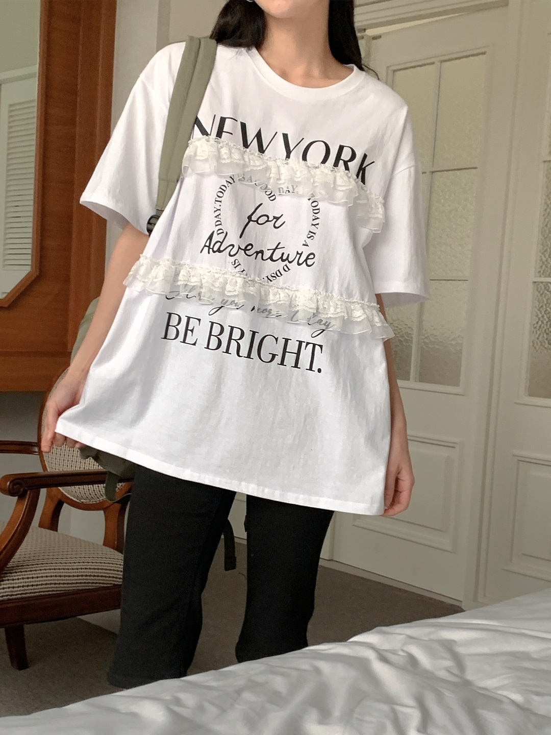 ラウンドネックオーバーサイズルーズ半袖ハーフレタリングレースTシャツ | 詳細画像4