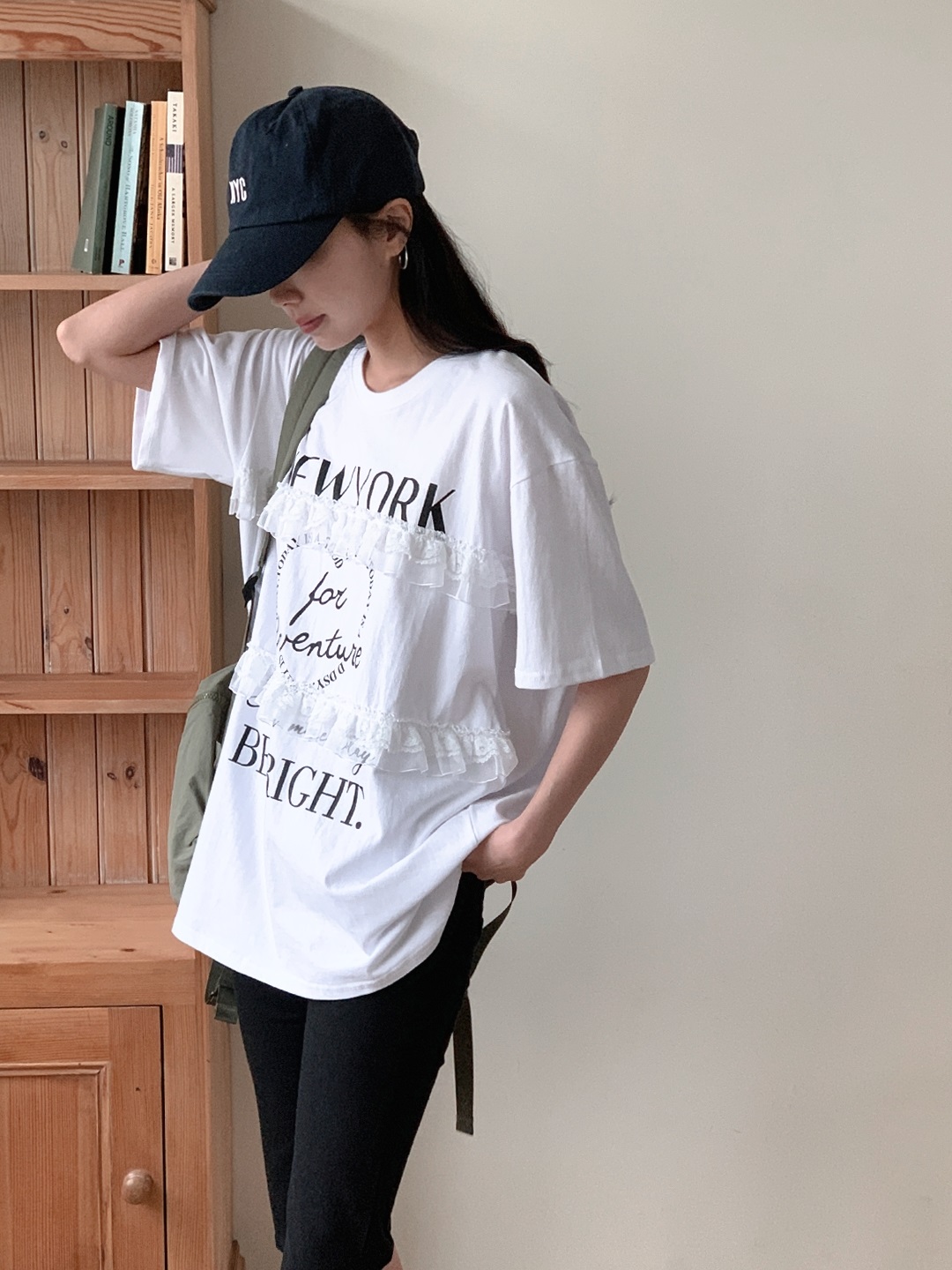 ラウンドネックオーバーサイズルーズ半袖ハーフレタリングレースTシャツ | 詳細画像6