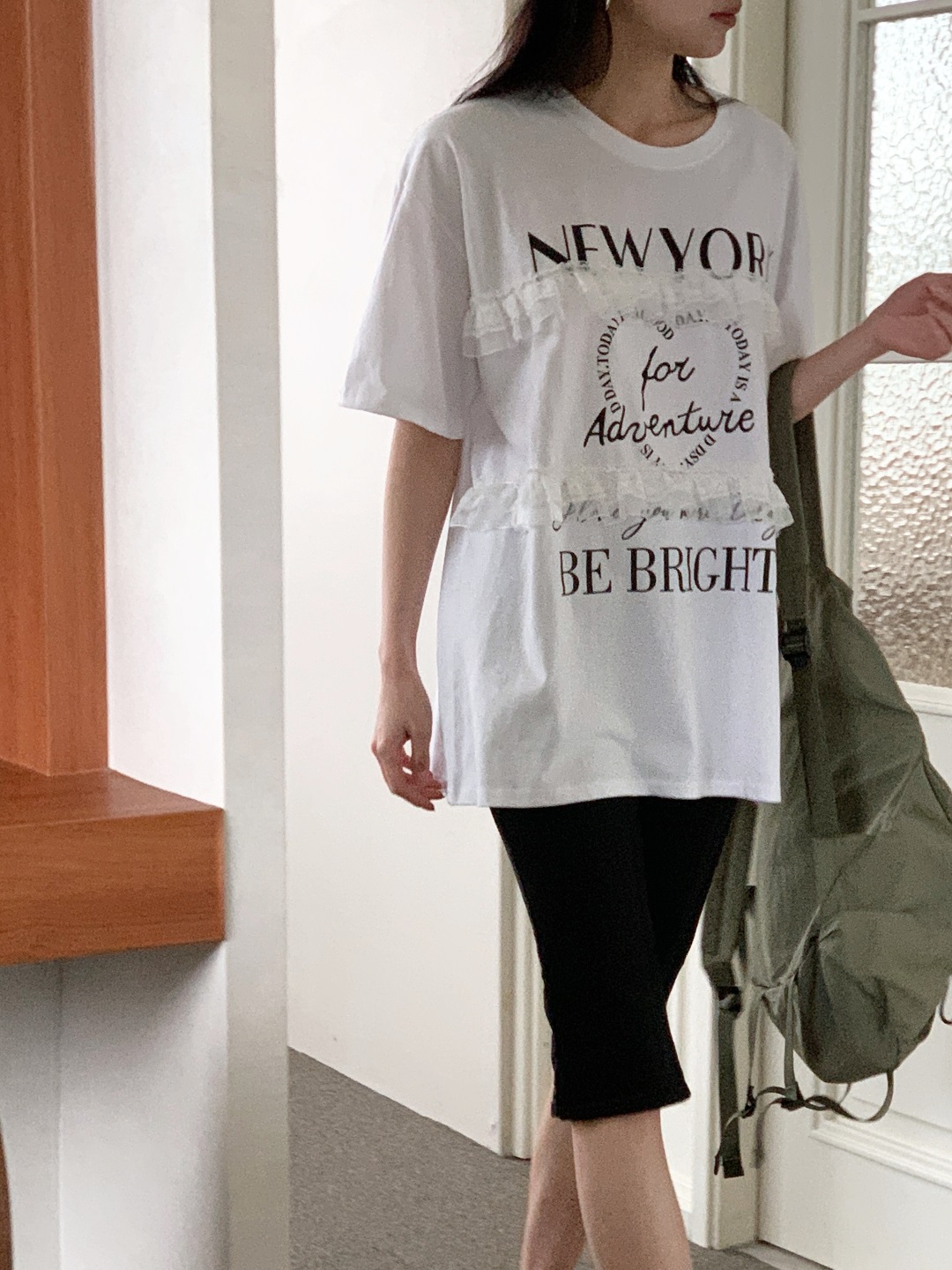 ラウンドネックオーバーサイズルーズ半袖ハーフレタリングレースTシャツ | 詳細画像7