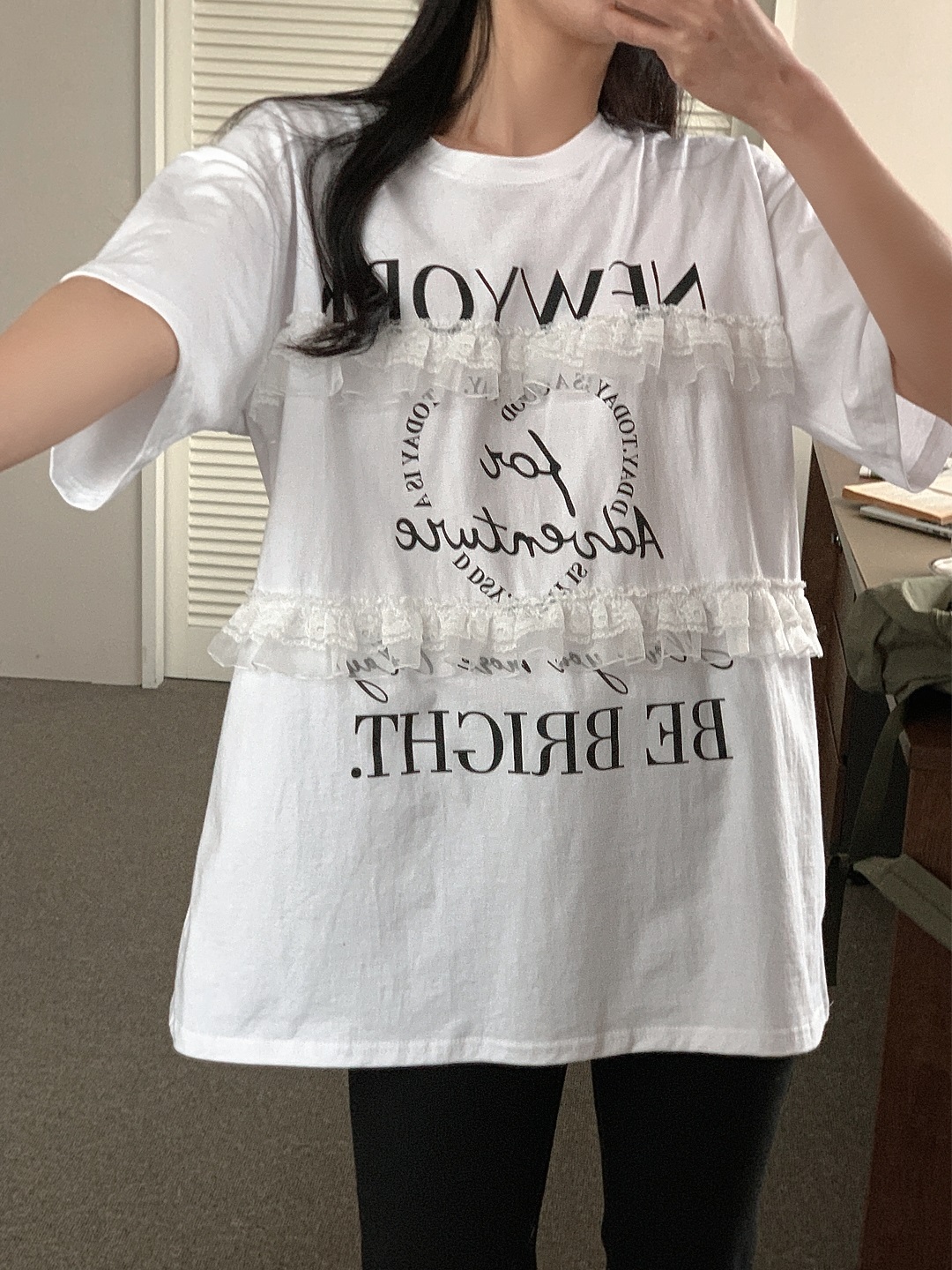 ラウンドネックオーバーサイズルーズ半袖ハーフレタリングレースTシャツ | 詳細画像8