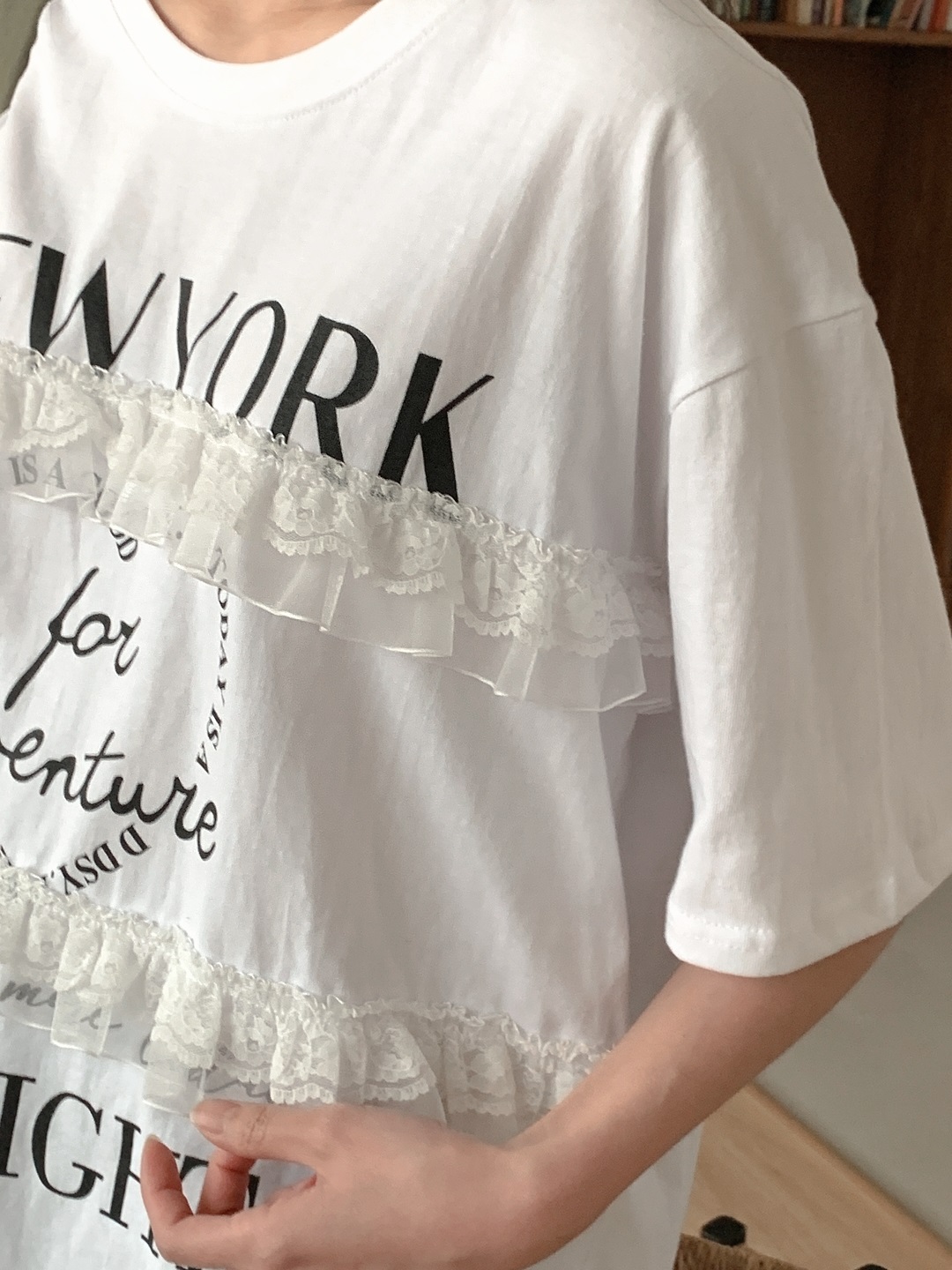 ラウンドネックオーバーサイズルーズ半袖ハーフレタリングレースTシャツ | 詳細画像10