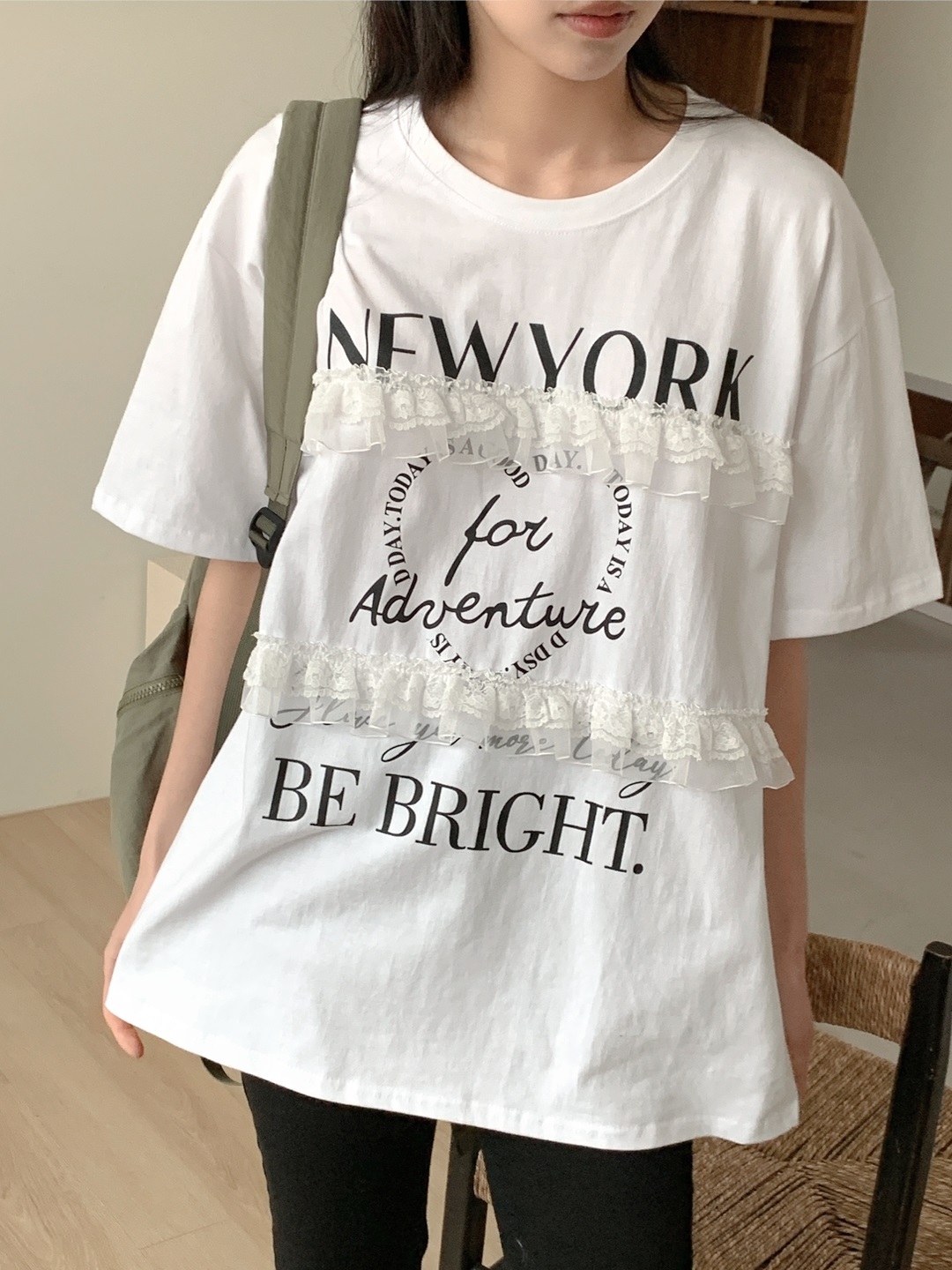 ラウンドネックオーバーサイズルーズ半袖ハーフレタリングレースTシャツ | 詳細画像13