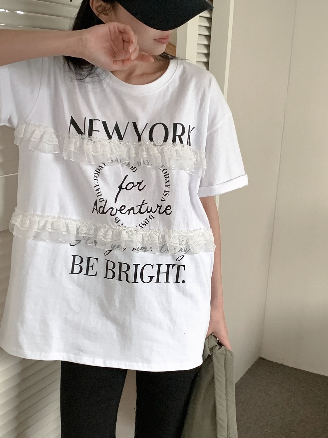 ラウンドネックオーバーサイズルーズ半袖ハーフレタリングレースTシャツ | 詳細画像14