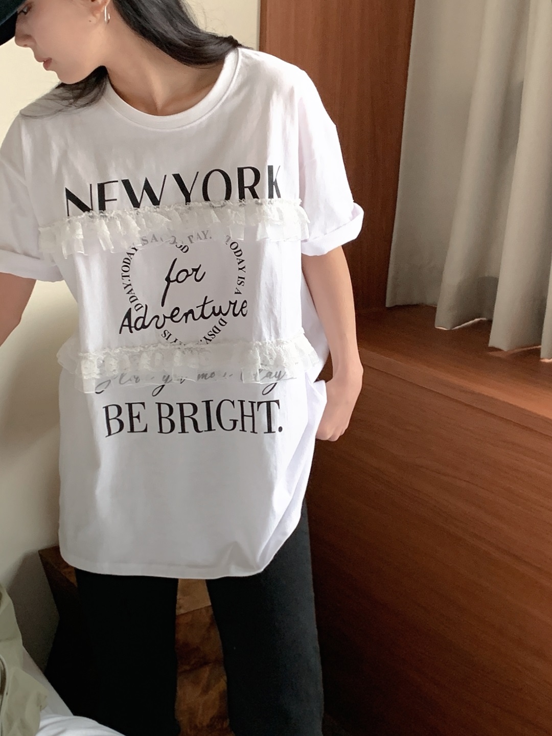 ラウンドネックオーバーサイズルーズ半袖ハーフレタリングレースTシャツ | 詳細画像16