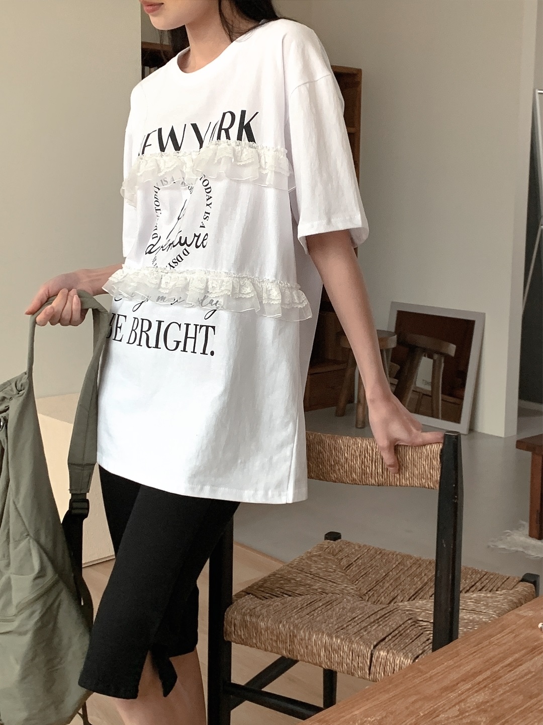 ラウンドネックオーバーサイズルーズ半袖ハーフレタリングレースTシャツ | 詳細画像15