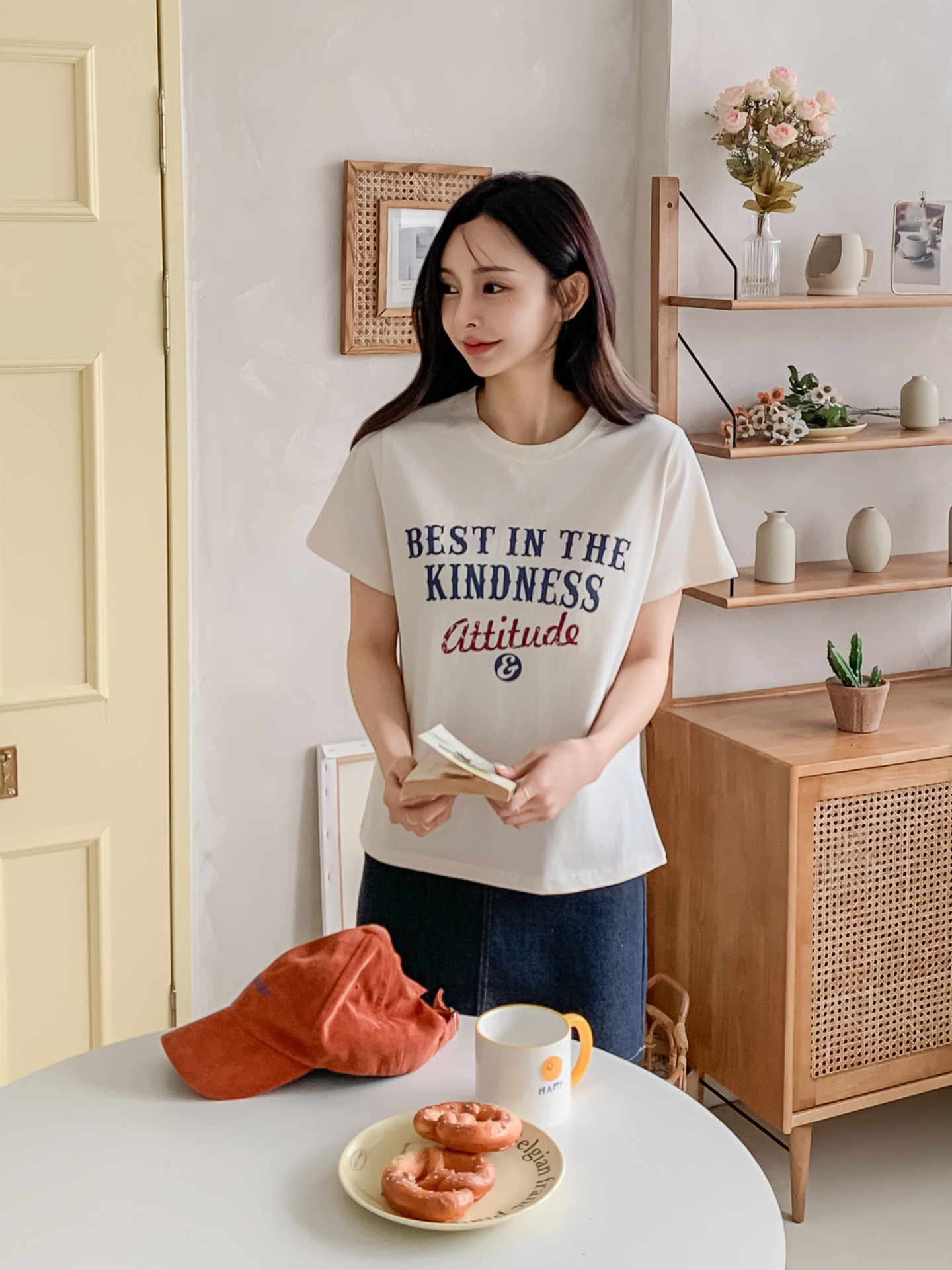 コットンラウンドネックベーシック半袖レタリングTシャツ | 詳細画像14