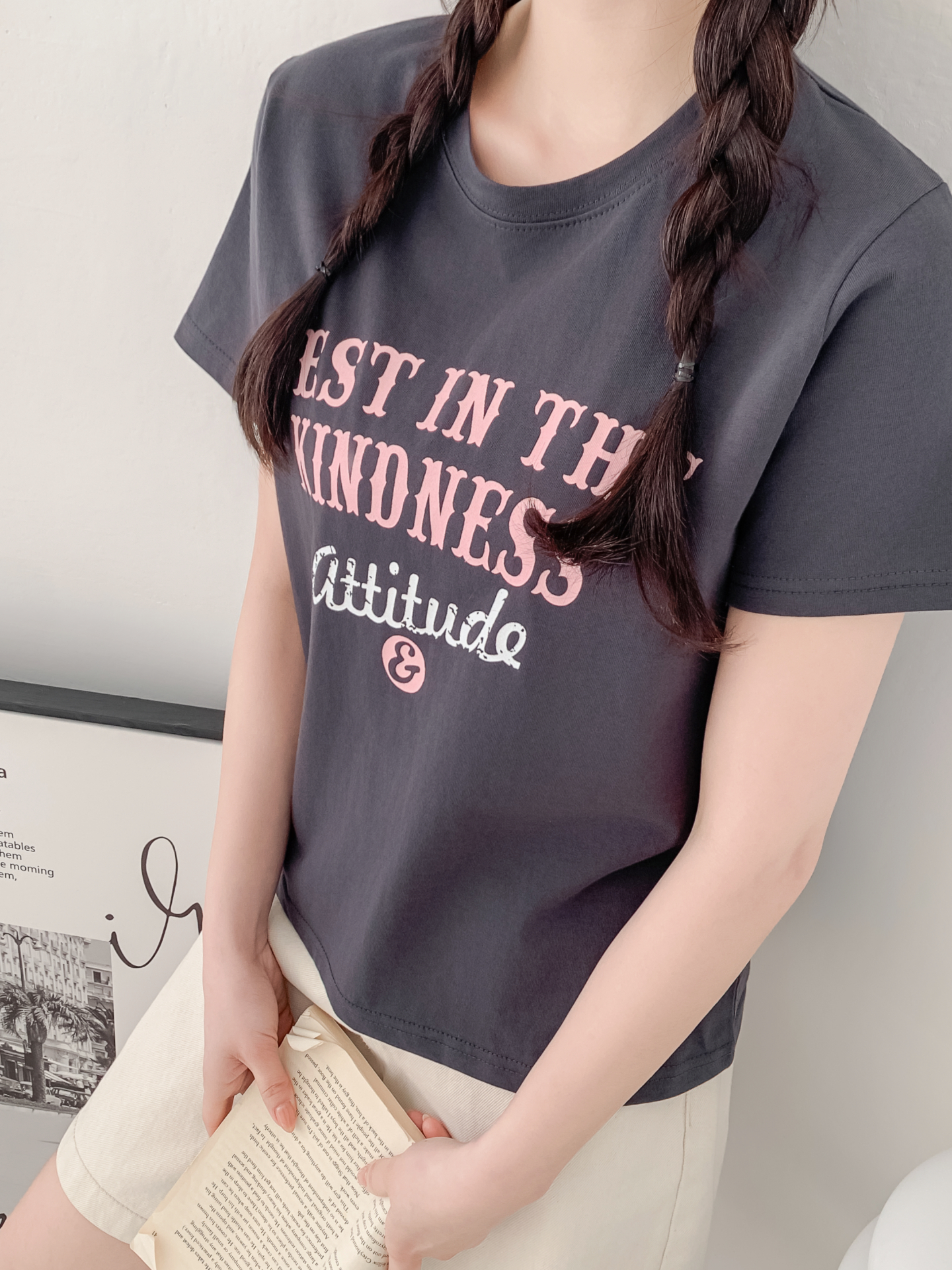 コットンラウンドネックベーシック半袖レタリングTシャツ | 詳細画像25