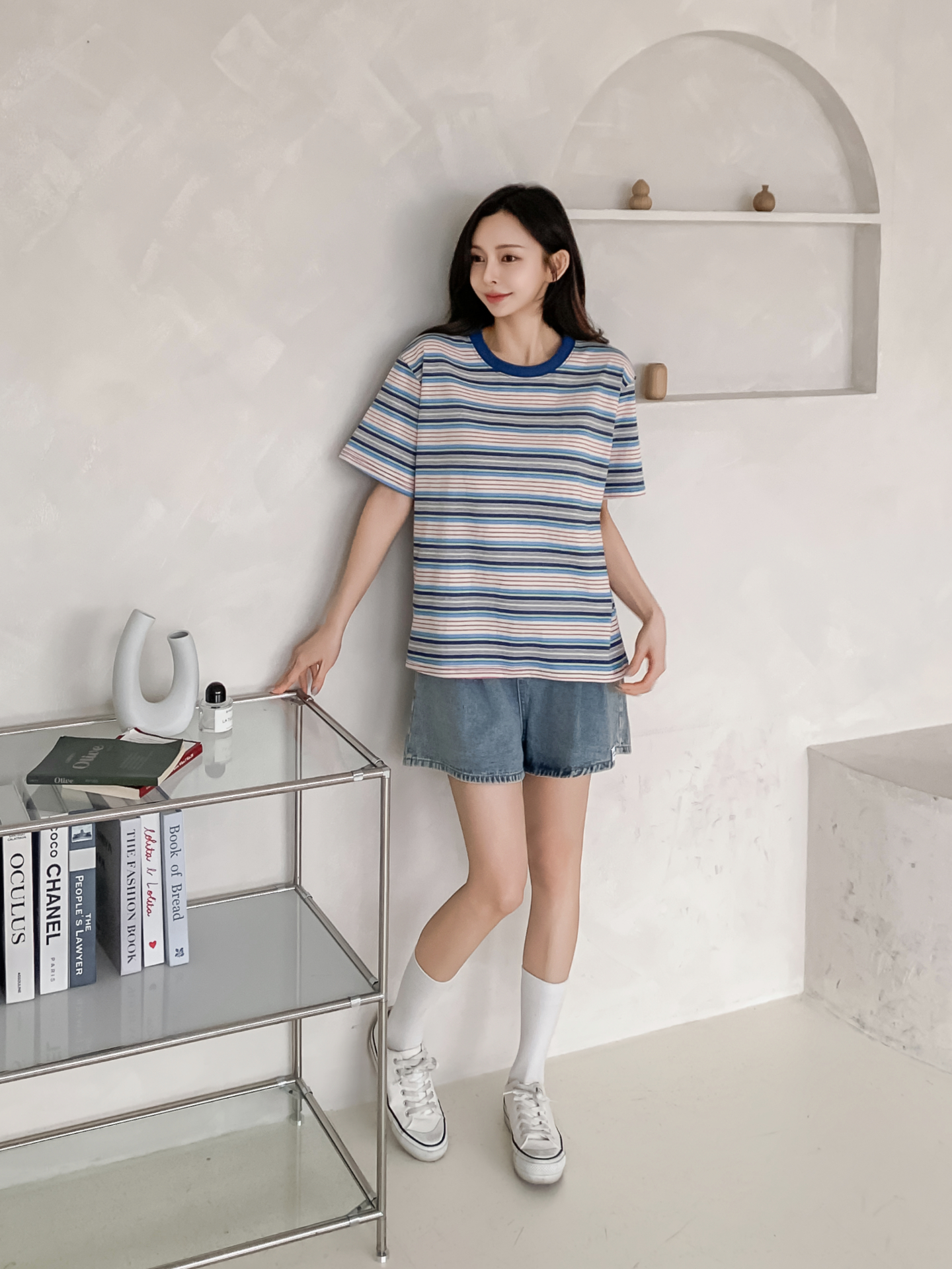 コットンラウンドネックオーバーサイズルーズ半袖ボーダーTシャツ | 詳細画像2