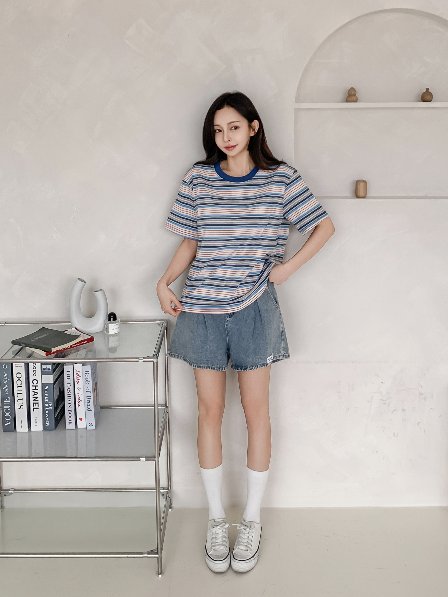 コットンラウンドネックオーバーサイズルーズ半袖ボーダーTシャツ | 詳細画像4