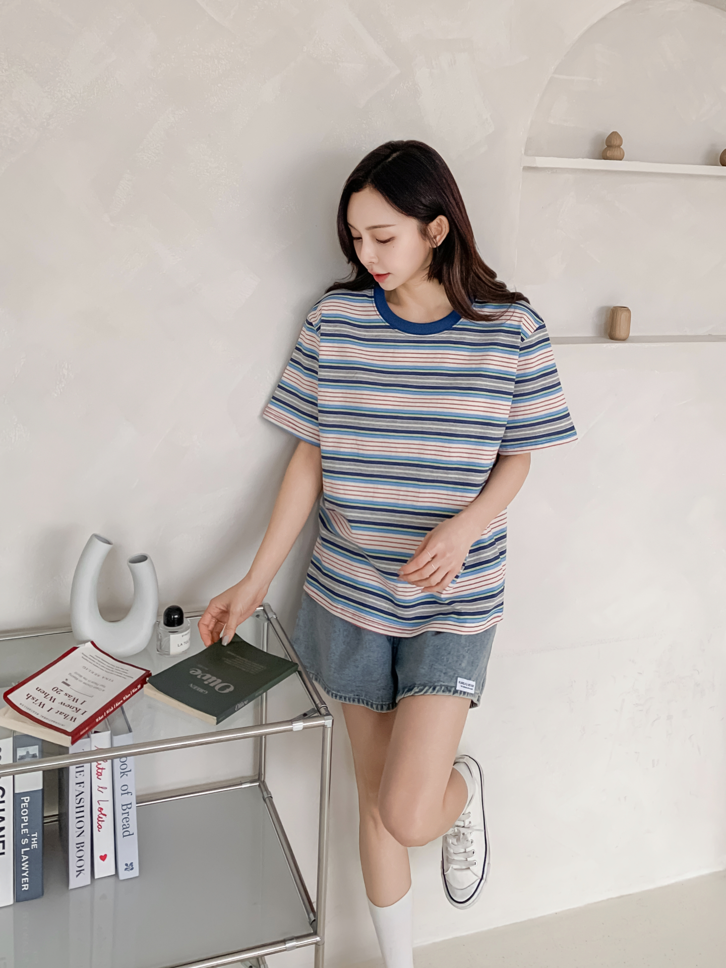 コットンラウンドネックオーバーサイズルーズ半袖ボーダーTシャツ | 詳細画像5